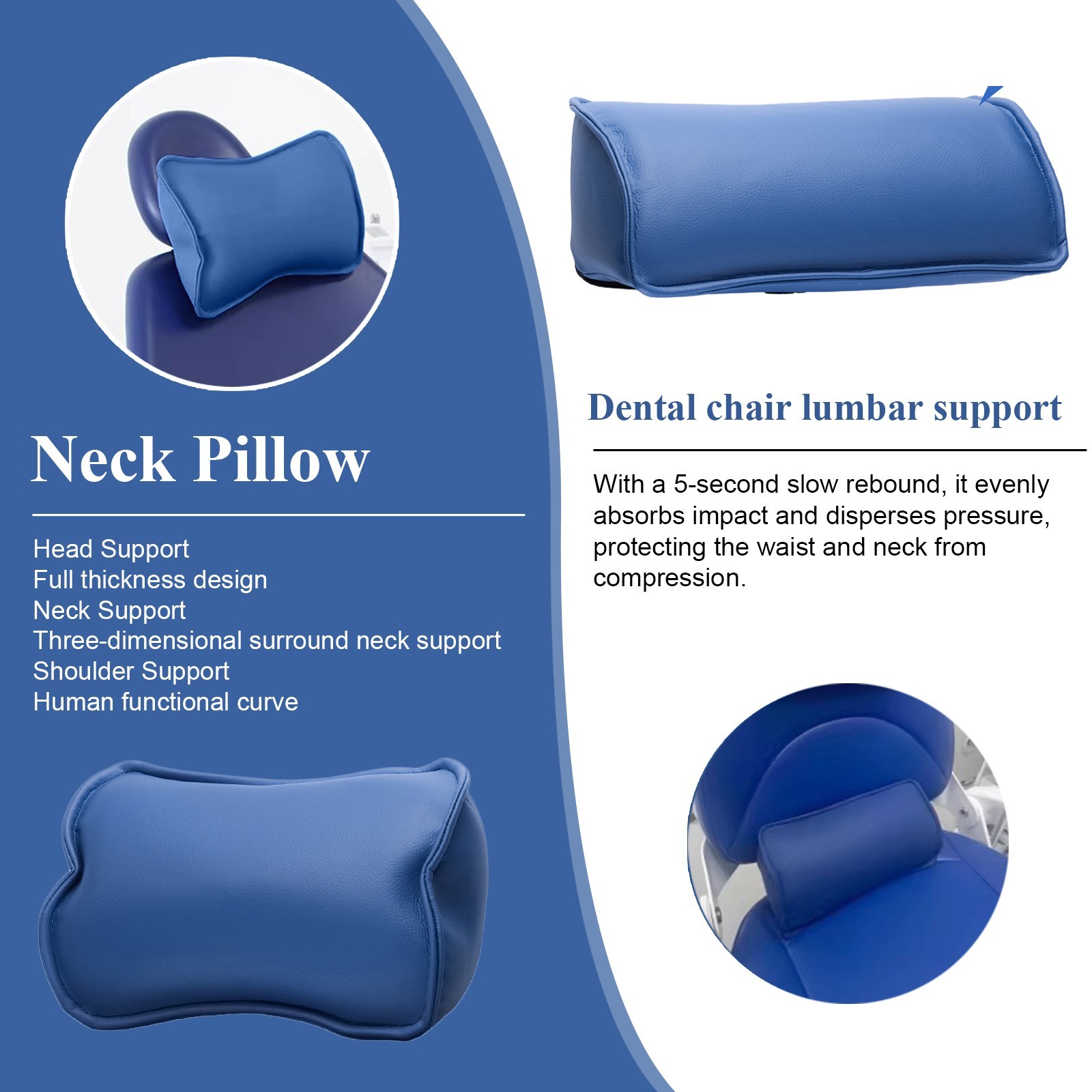 Dental Chair Neck Pillow Lumbar Cushion Memory Foam Microfiber Leather Dark Blue