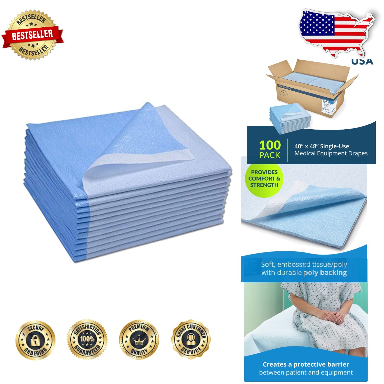 Avalon Medical Drapes 40×48 Blue 100pk – Disposable Stretcher Sheets, Leak-Proof