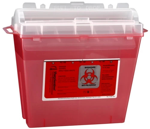 (Lot of 2) Bemis 5 Quart Sharps Container – Translucent Red – Horizontal Entry