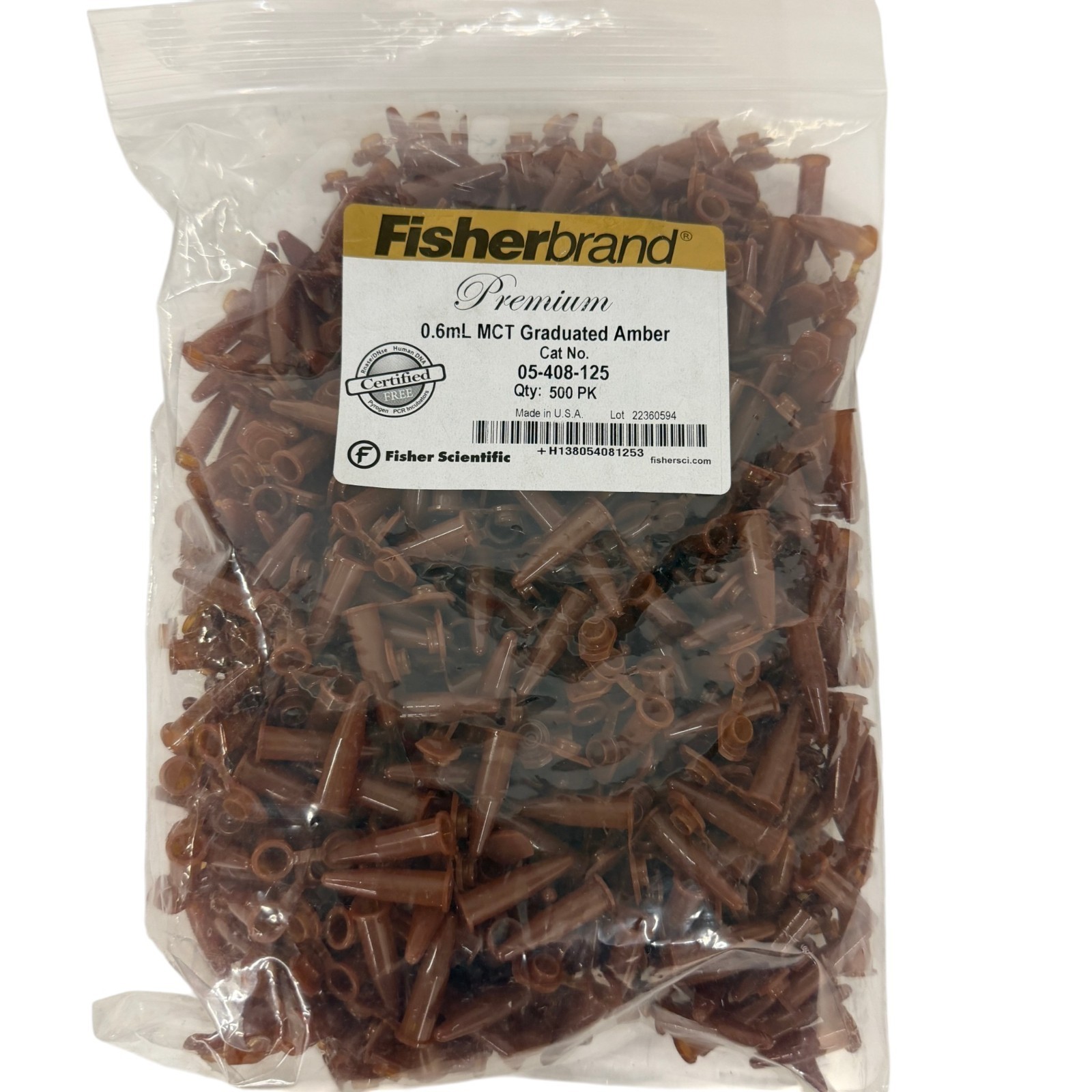 Fisherbrand 05-408-125 Premium 0.6mL Amber Microcentrifuge Tubes, 500 Pcs