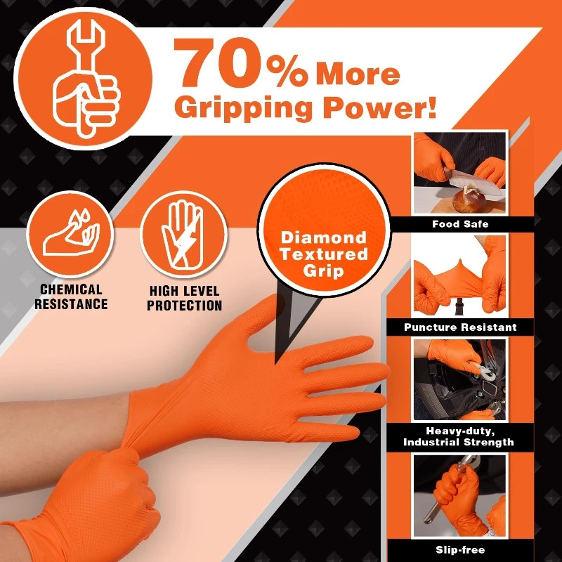 8mil Orange Nitrile Disposable Gloves Heavy Duty Mechanic Work