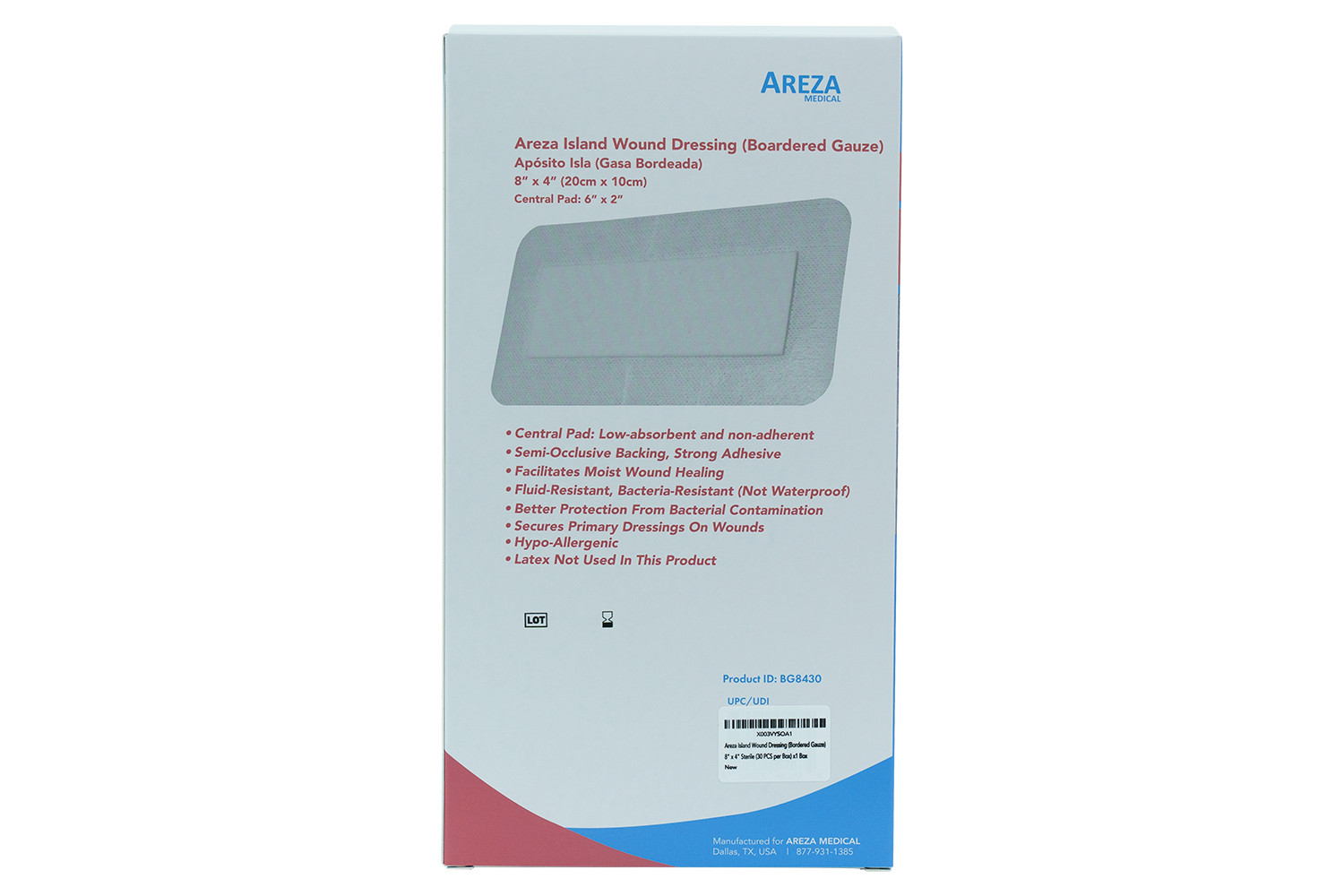 Island Wound Dressing (Bordered Gauze) 8″ x 4″ Sterile (30 Per Box)