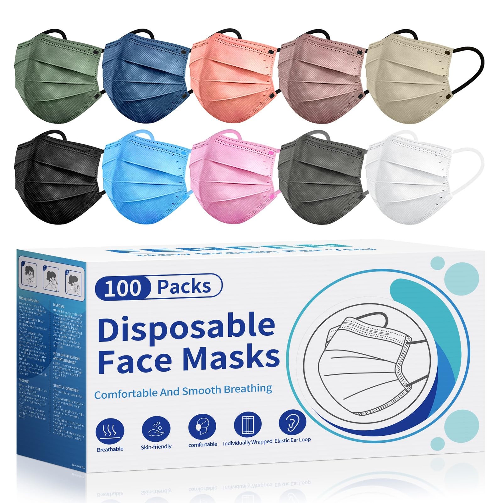 Disposable Face Masks for Adults – 100 Pack Individually Wrapped, 4 Ply Prote…
