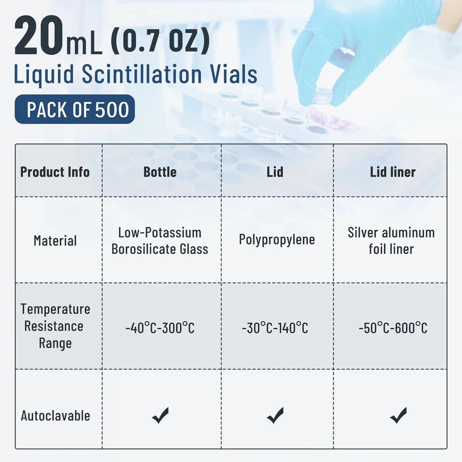 500PCS 20ml Scintillation Vials Liquid Borosilicate Glass Silver Aluminum Foil
