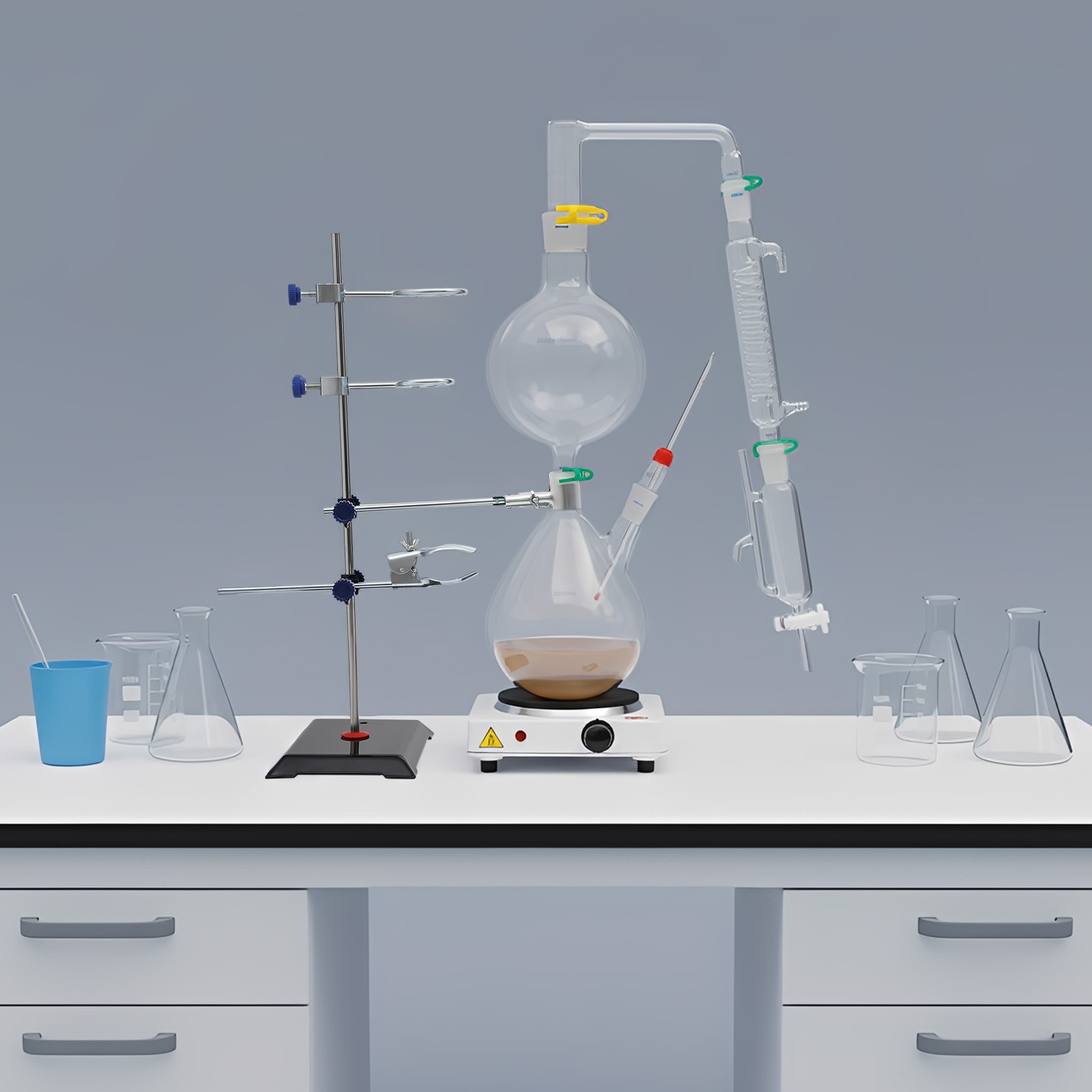 2000ml Glass Distillation Kit with 1000W Heating Plate Essential Oil Lab US Plug