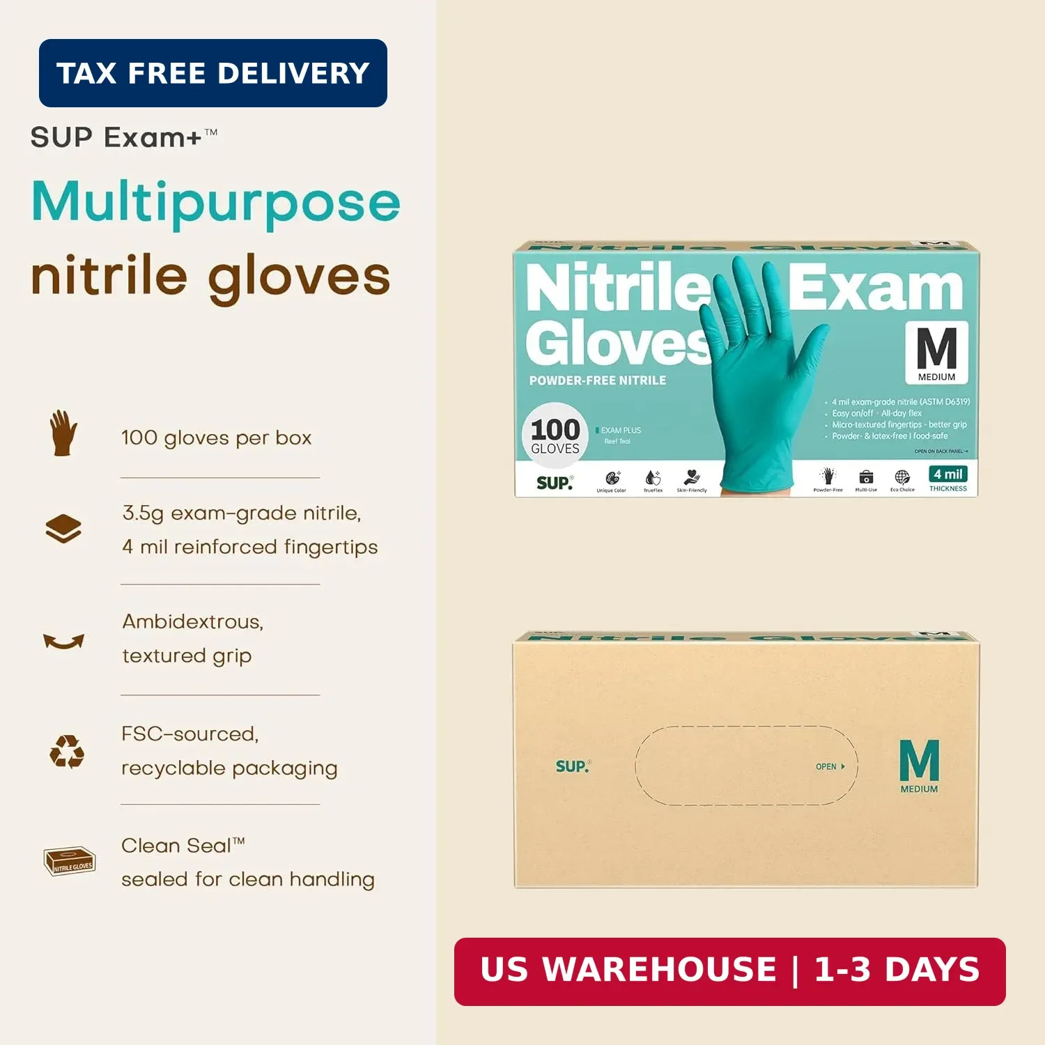 SUP Powder-Free Nitrile Gloves, 100 Count Food Safe Latex-Free Disposable Gloves