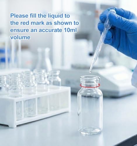 200 PCS 10ml Clear Glass Vials with Rubber Stoppers & Flip Caps for Lab Use