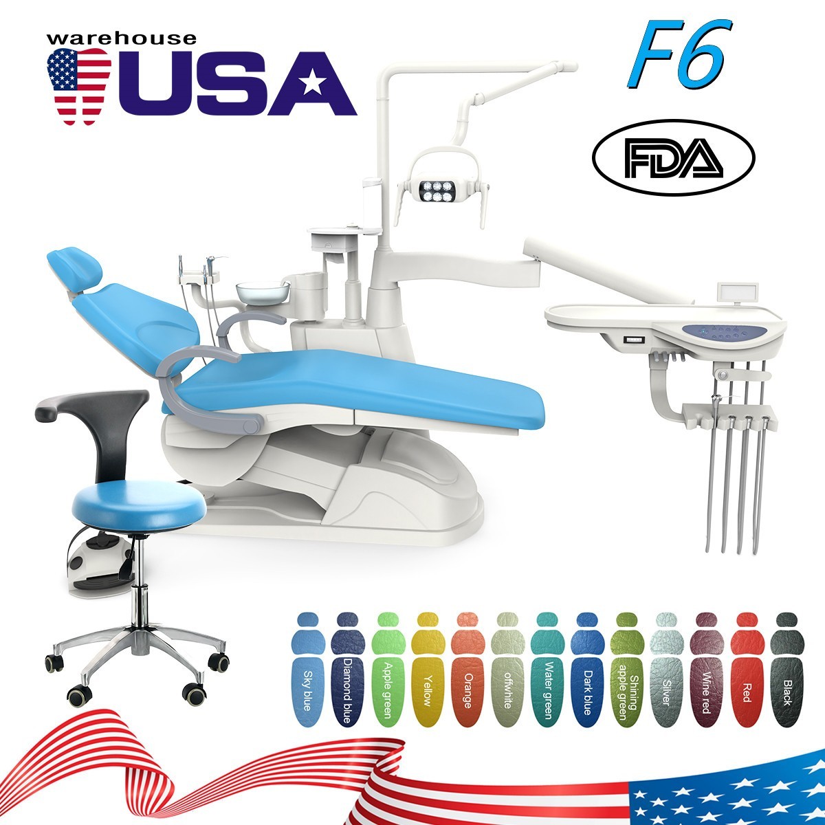 FDA Dental Unit Chair All-in-One Tray Computer Controll DC Motor+Stool TJ2688-F6