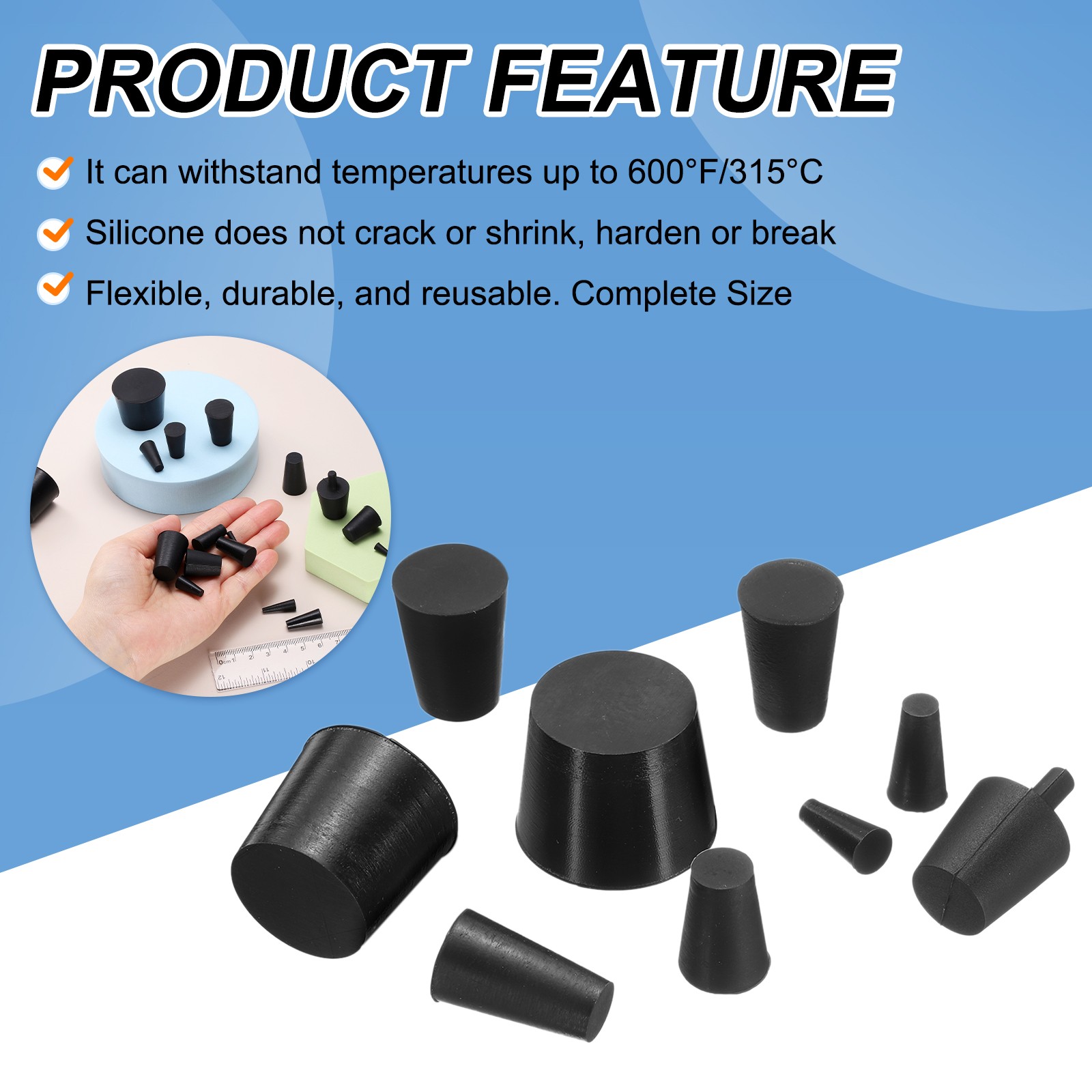 12Pcs Rubber Stoppers 0.8mm to 2.6mm 16mm Solid Tapered Lab Rubber Plugs