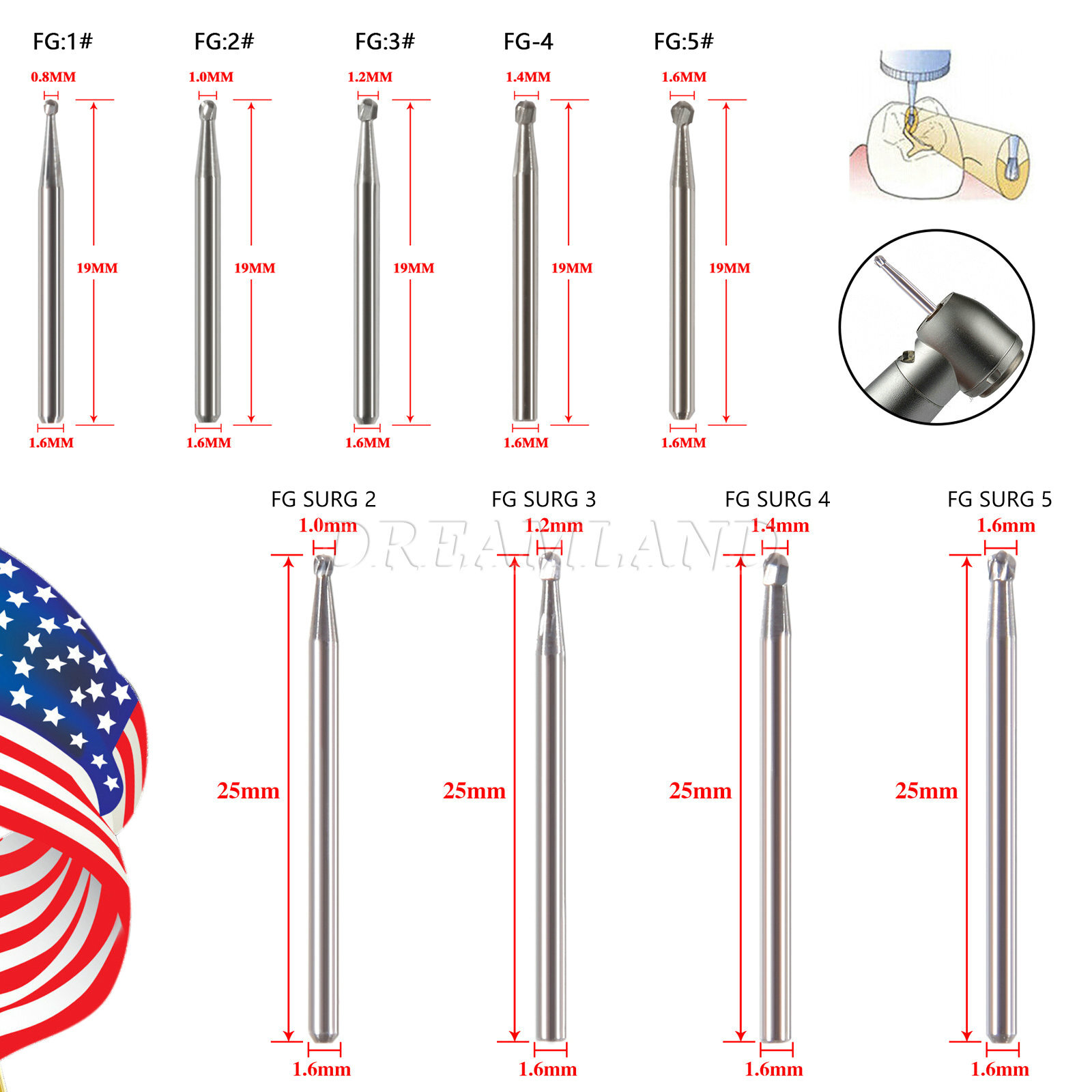 Dental Surgical Burs 25mm/19mm Carbide Bur Friction Grip FG Round For High Speed