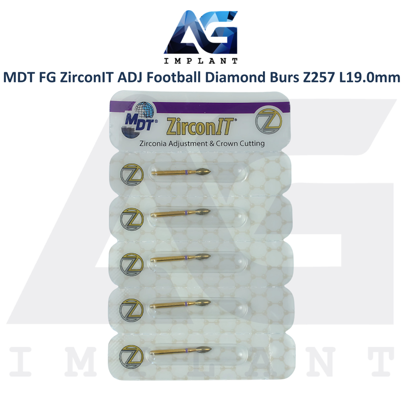 MDT Dental FG ZirconIT ADJ Football Diamond Coated Bur Z257 L19.0mm Ø2.3mmX5.0mm