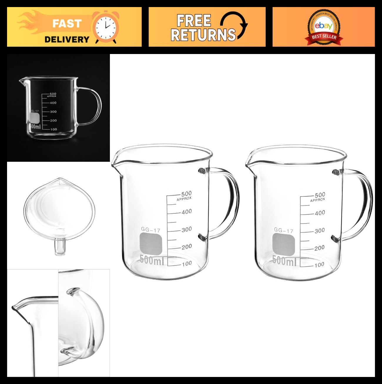 500ml Borosilicate Glass Beaker with Handle & Pouring Spout – 2 Pack Measuring C