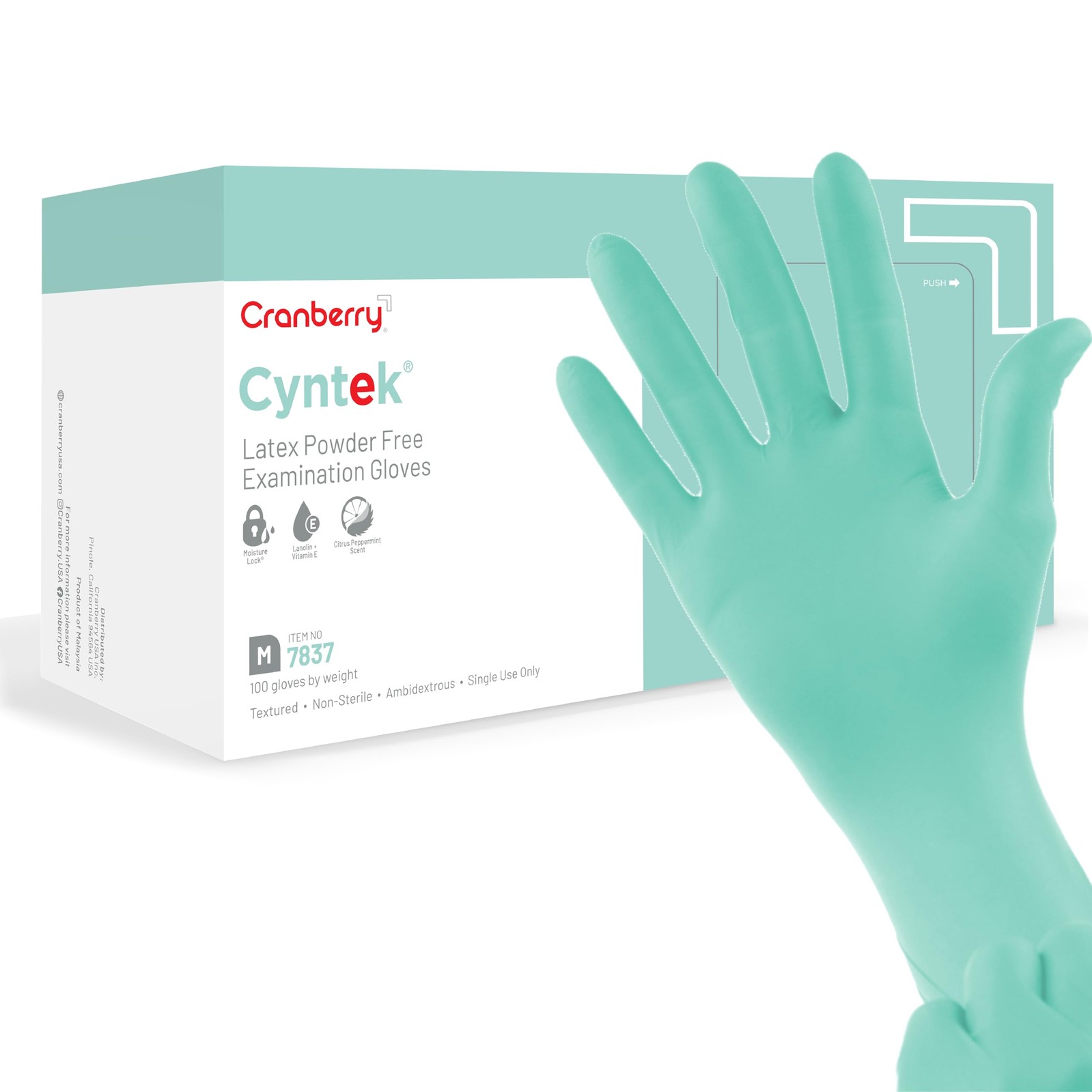 Cranberry USA CR7837 Cyntek Latex Powder Free Exam Gloves, Medium, Green (Pac