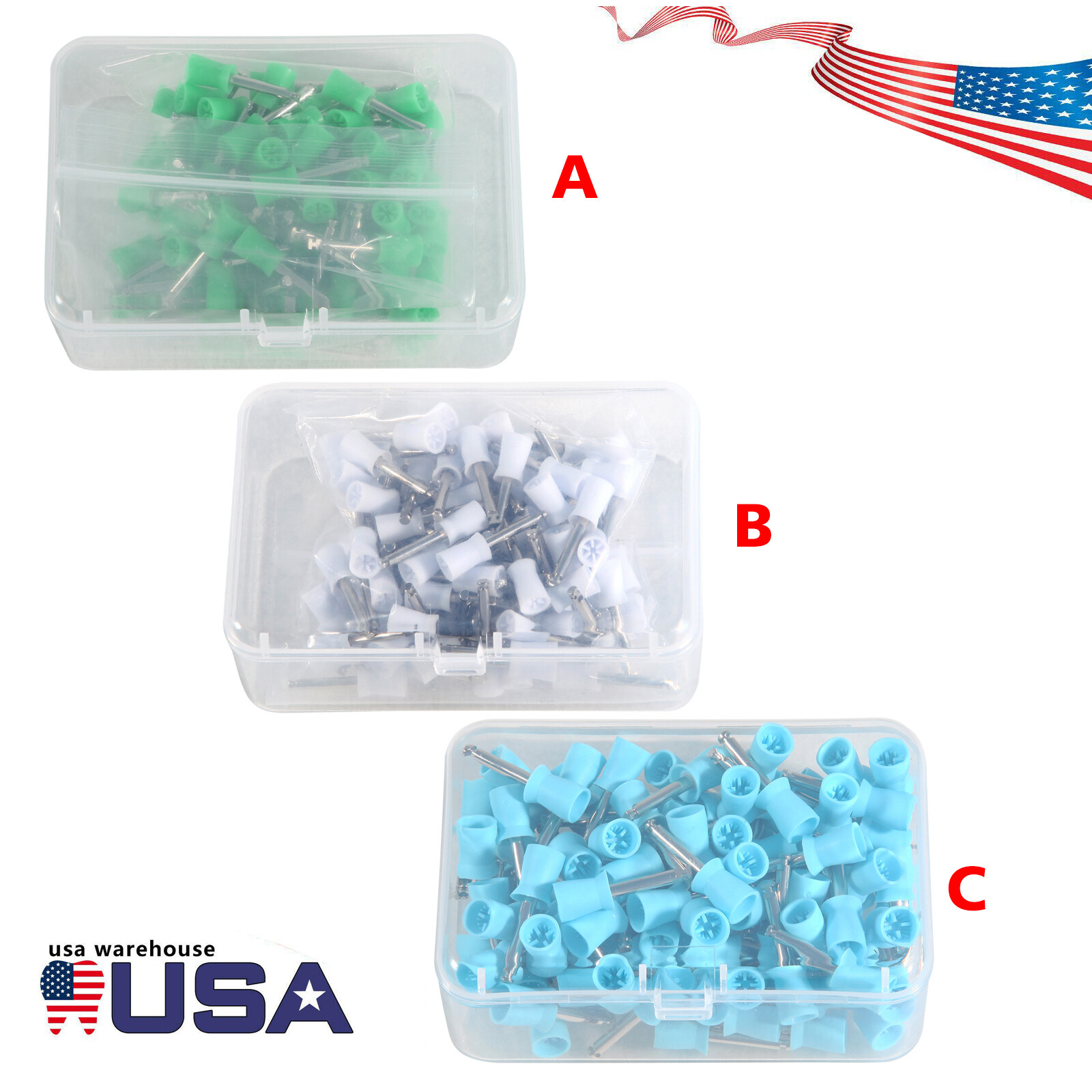100PCS Dental Prophy Tooth Polishing Cups brushes Latch Rubber White Blue Green