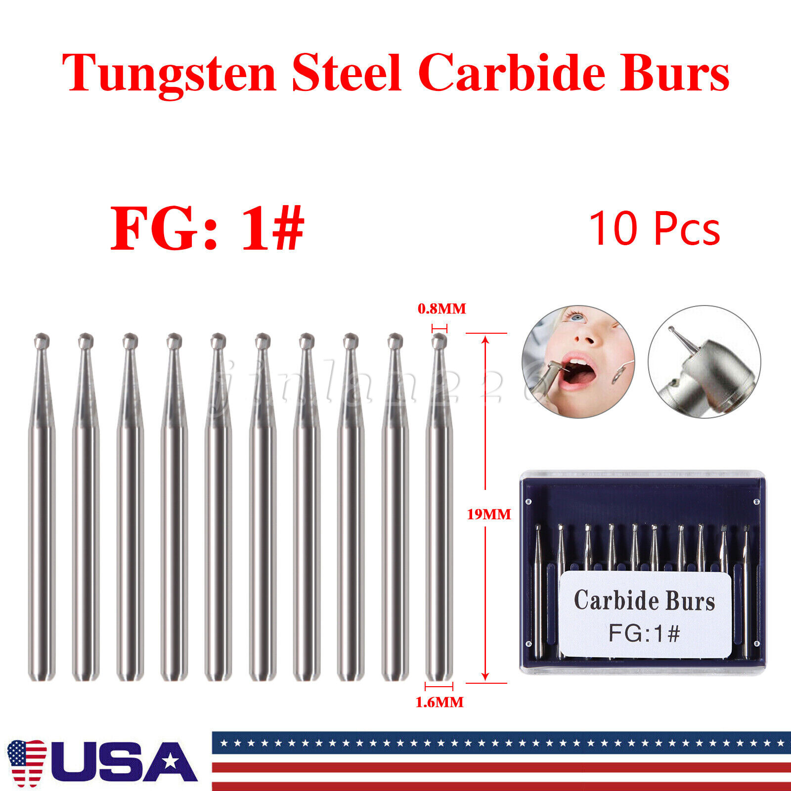 Carbide Bur, FG, #1/4, 1/2, 1, 2, 4, 6, 8 Bur, Round Dental