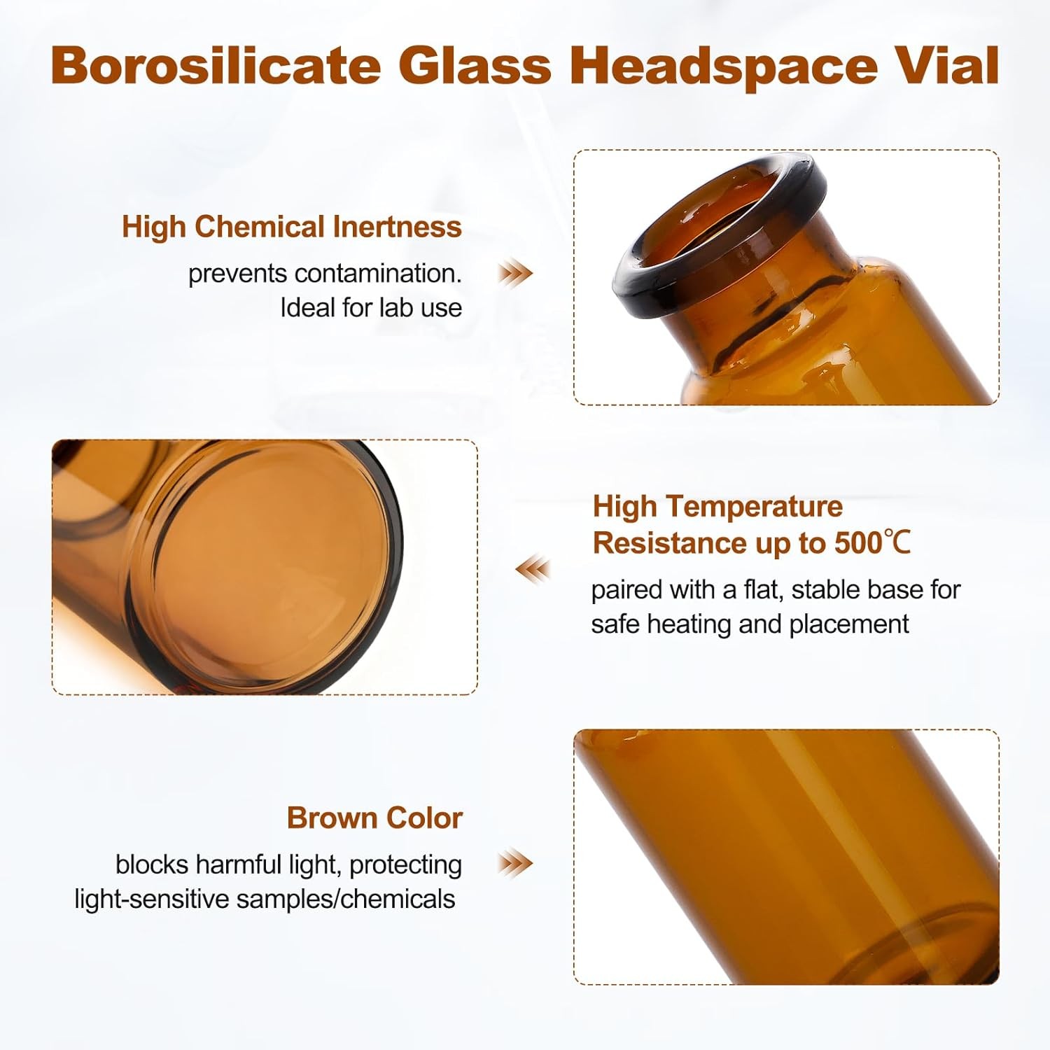 100/500/1000Pcs 10ml Lab Sample Vials Amber Glass Vials with Caps Headspace Vial