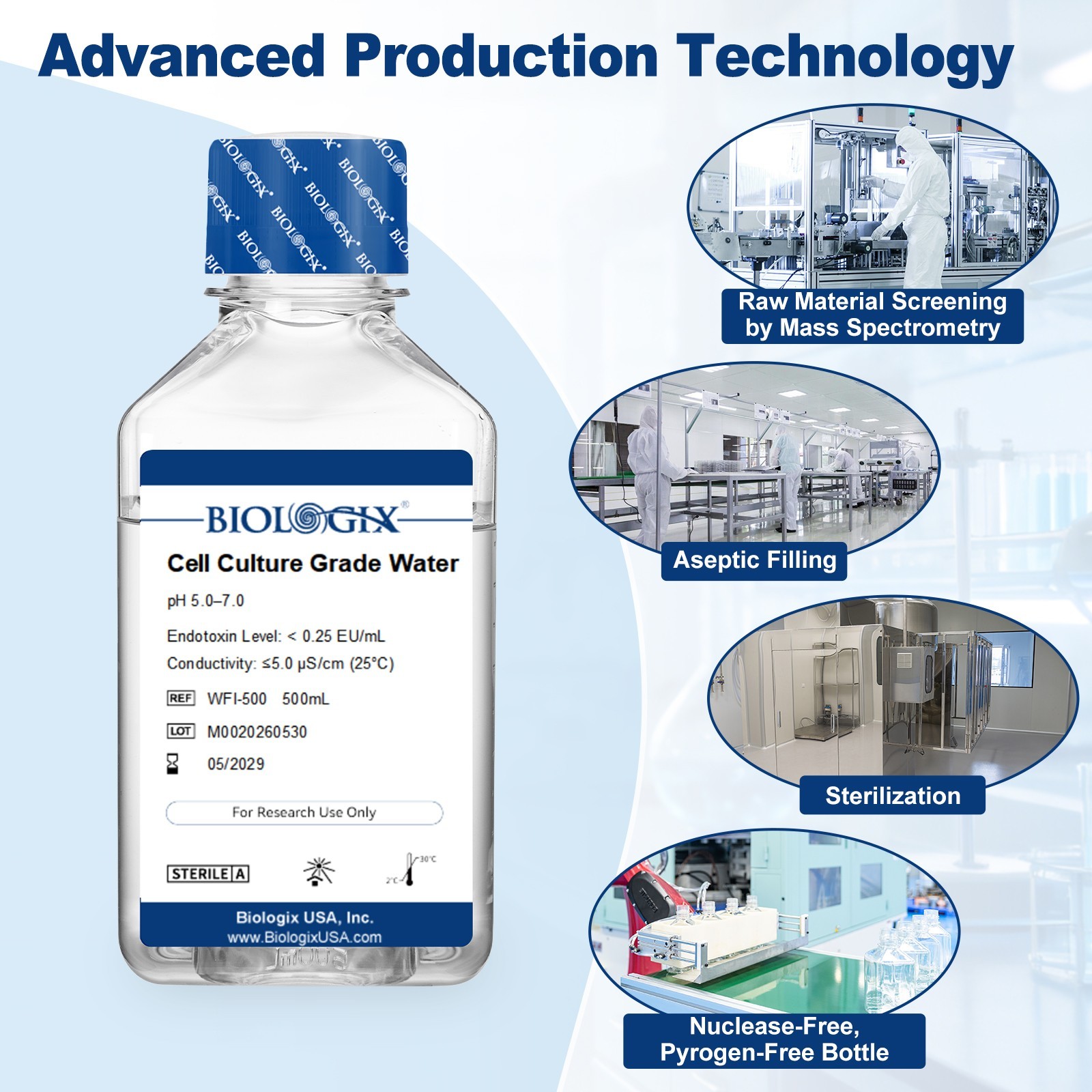 Lab Cell Culture Grade Water, USP Grade Solutions in Lab, 500ml × 10 Bottles