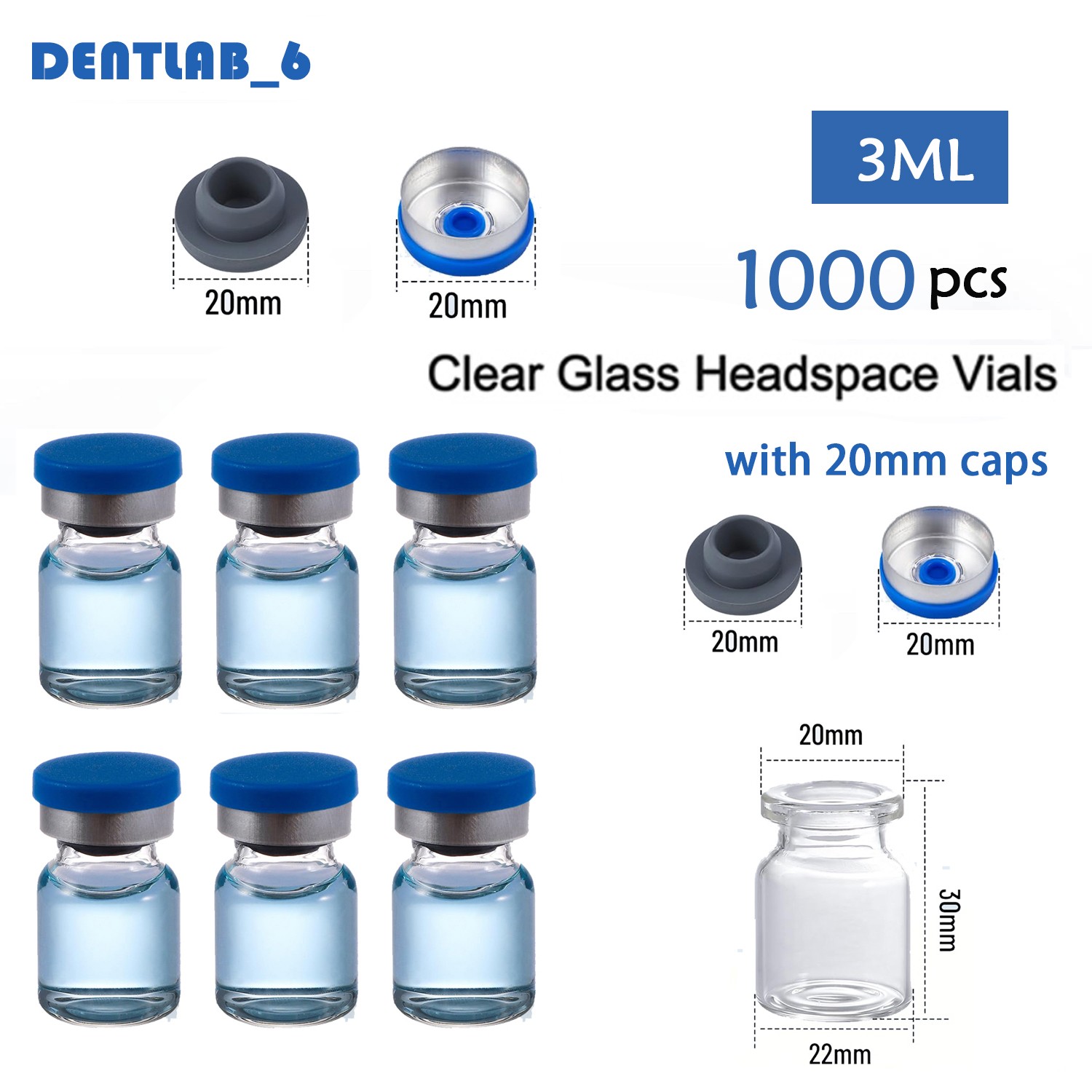 1000PCS 3ml Glass Vials Headspace Vials Lab Vials 20mm Crimp top Flat Bottom New