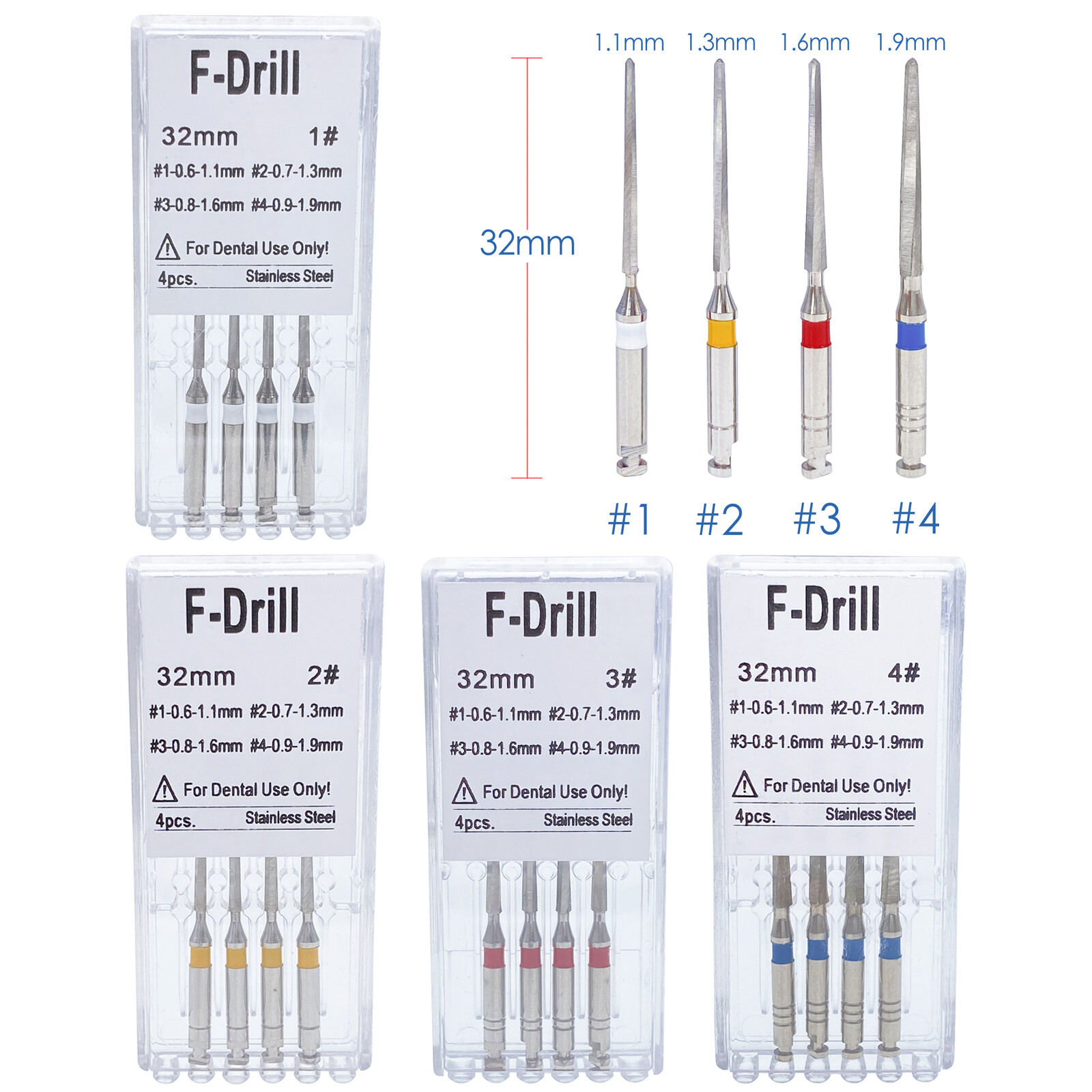 4/pk Dental Endodontic Endo Root Canal Fiber Post Drills 1.1mm 1.3mm 1.6mm 1.9mm