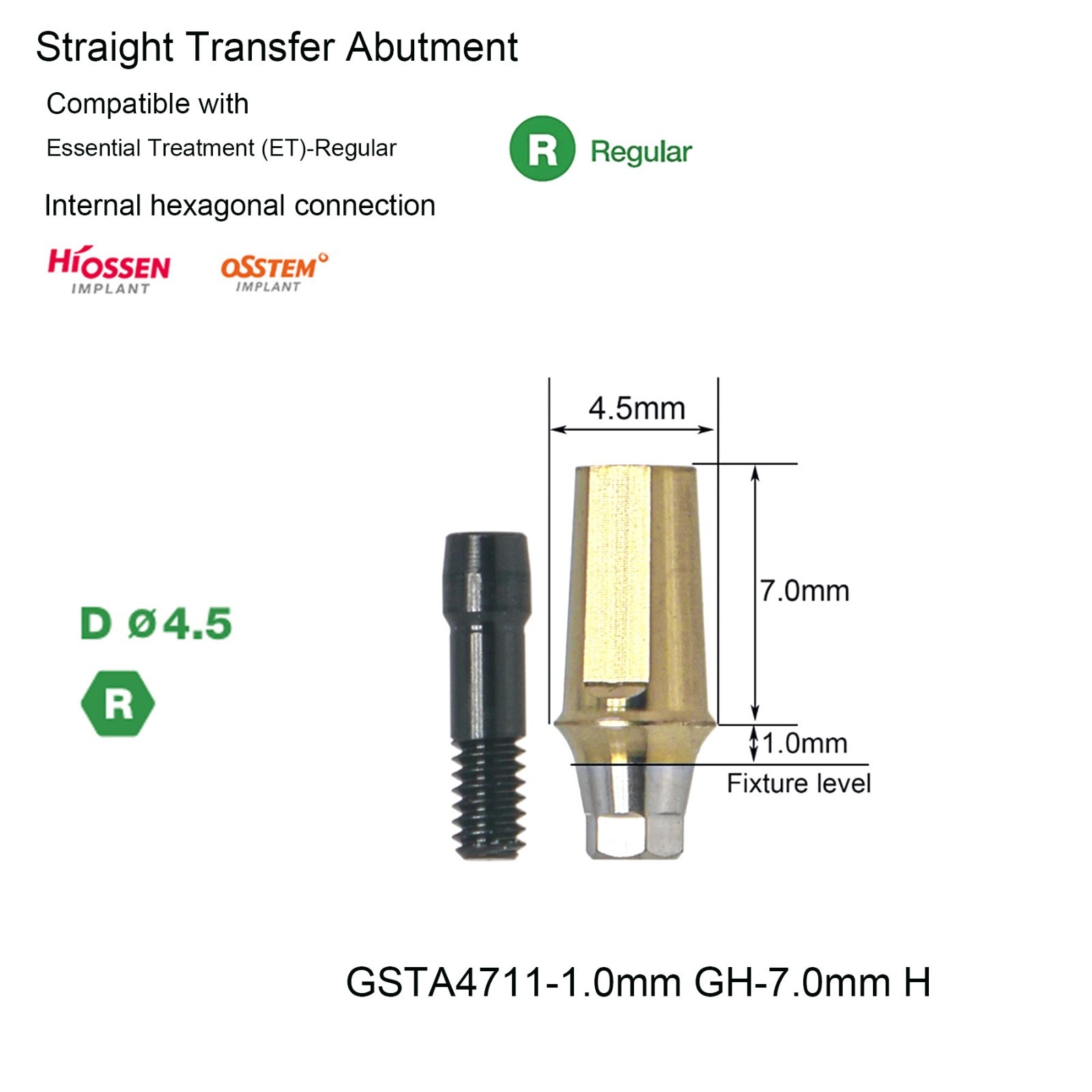 Hiossen Titanium Dental Regular Straight Abutment Hex Fit ET Ø4.5mm GH 1.0-5.0mm