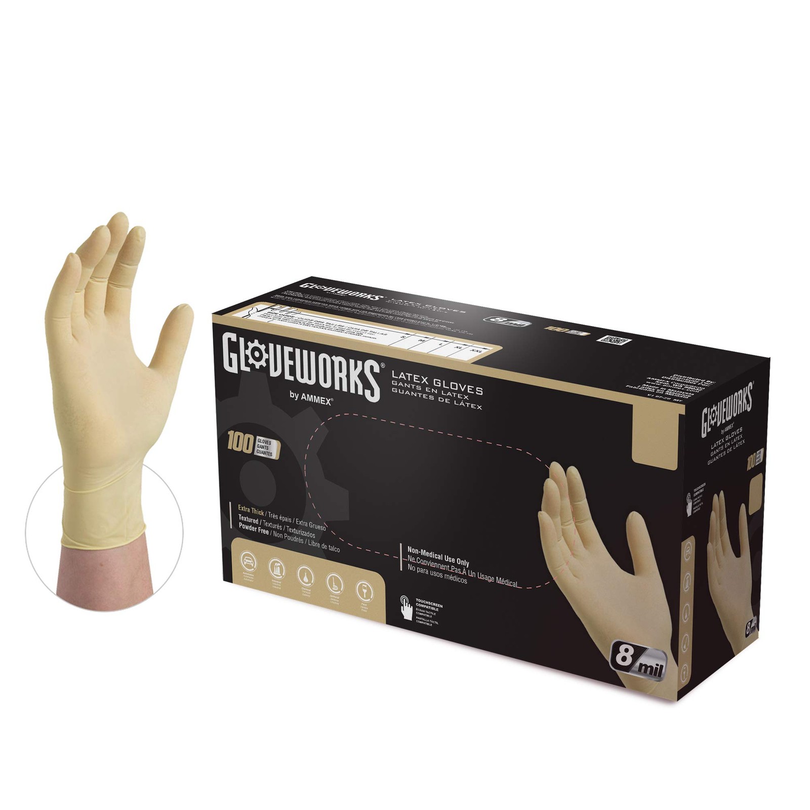 GLOVEWORKS HD Ivory Latex Gloves, Large, 100~Count, 8 Mil, Powder~Free