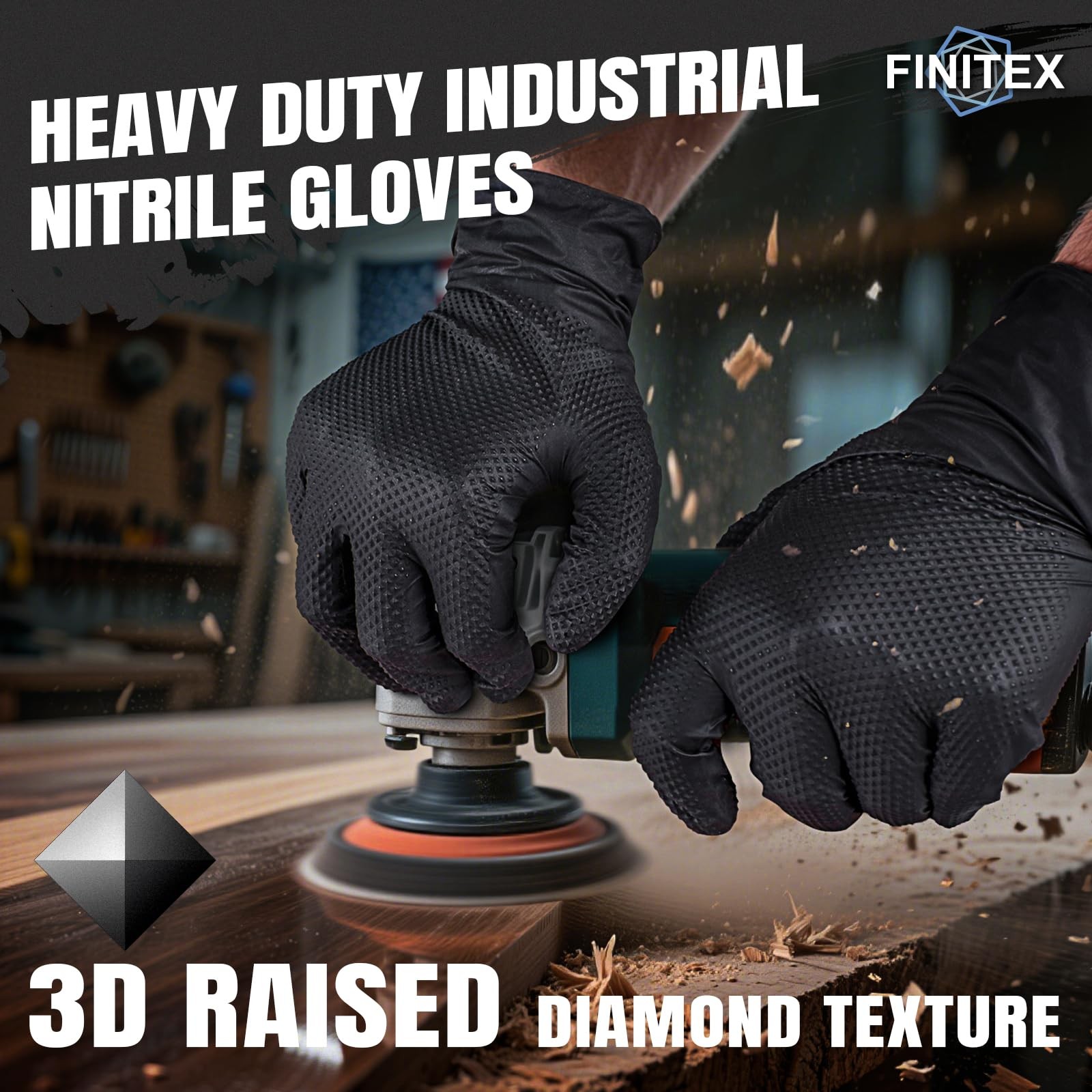 FINITEX Industrial Diamond Texture Nitrile Black Glove – 100/1000PCS Chemical…