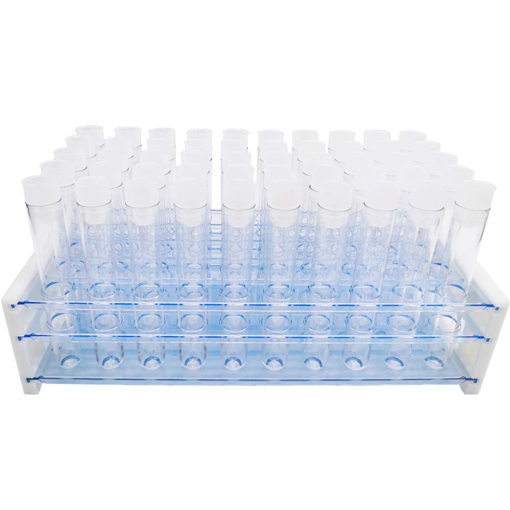 50Pcs Clear Plastic Test Tubes With Caps 50 Hole Rack 16x100mm 10ml Science Lab