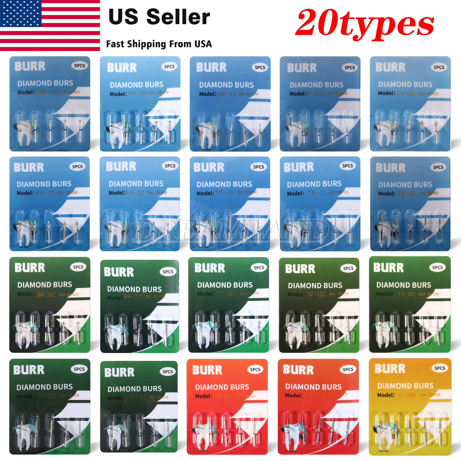 100x Diamond Dental Dentist Bur Bits Drill FG 1.6mm USA STOCK fixed 20 types USA