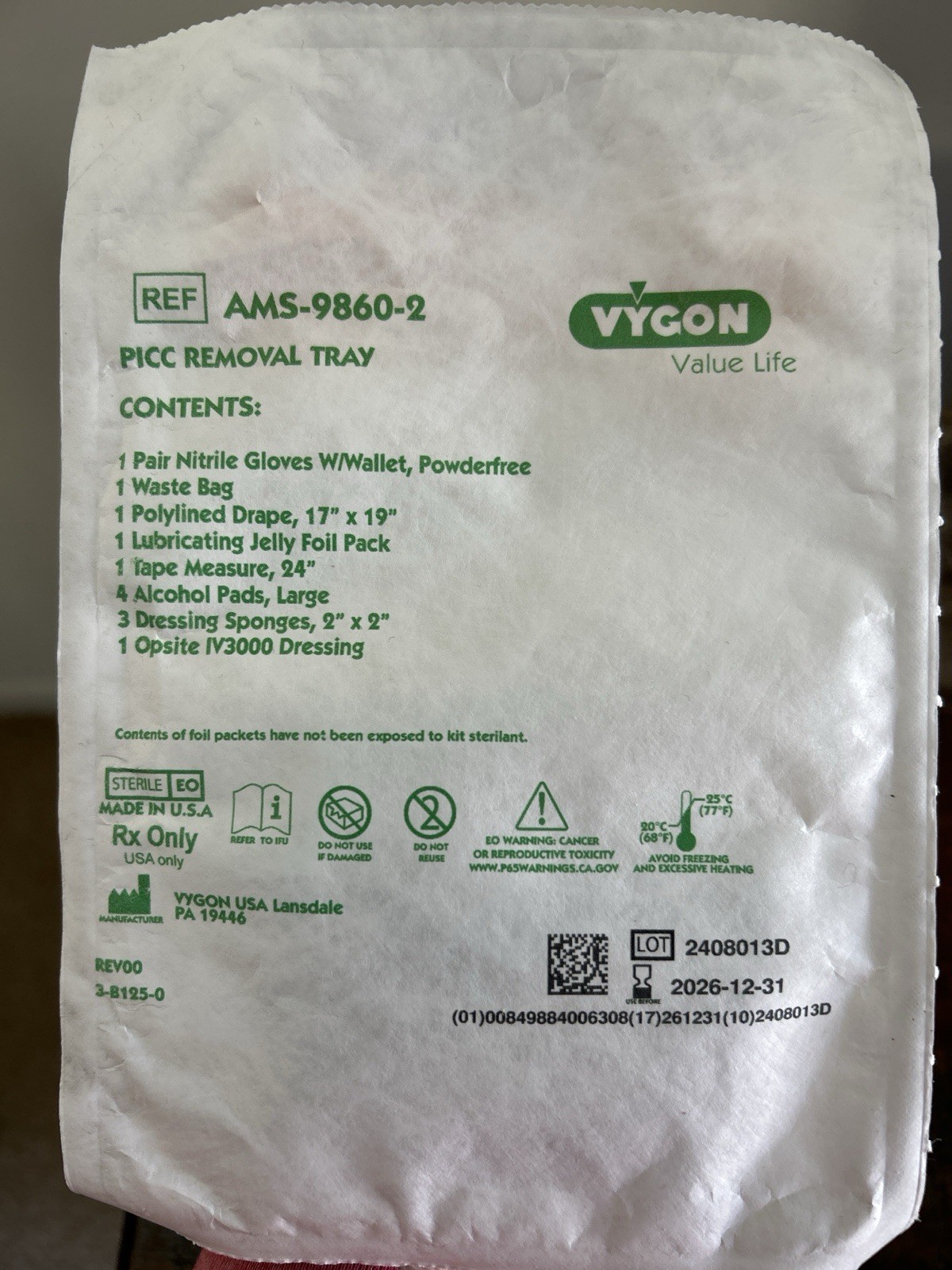VYGON Pick Removal Tray, New/Sealed Exp. 01/01/2027 Gloves, Bag, Alcohol, Sponge