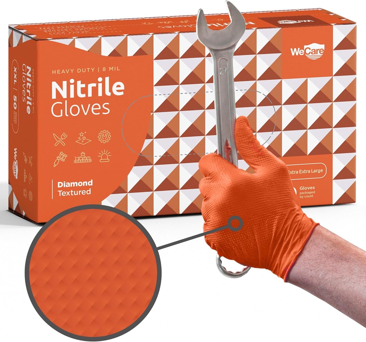 Versatile 8 Mil Nitrile Disposable Gloves with Diamond Grip – Safety in 50 Pack