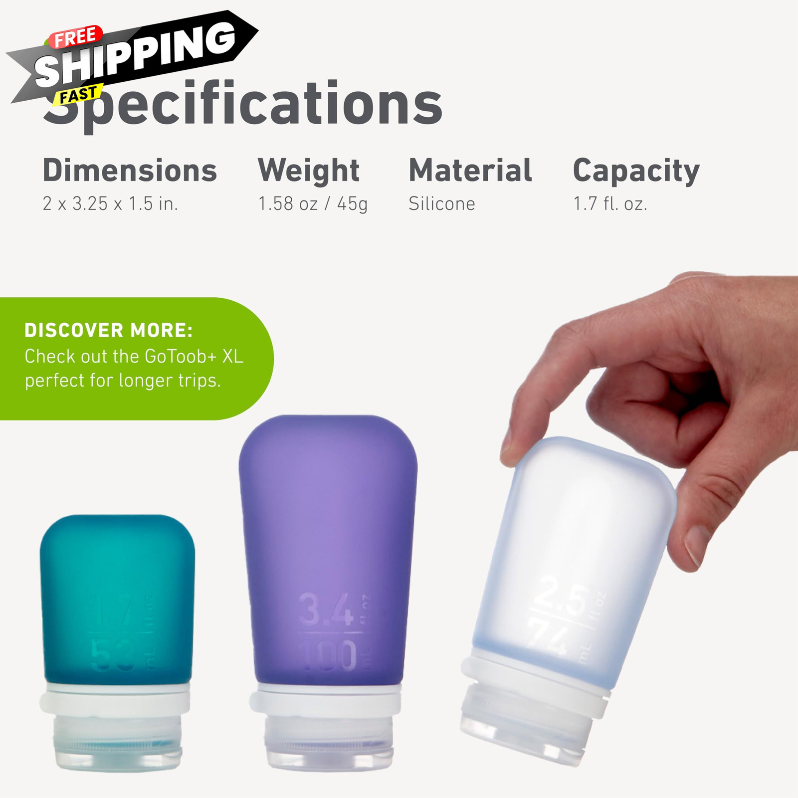 humangear GoToob+ (Small) | Refillable Silicone Travel 1.7 Ounces, Purple