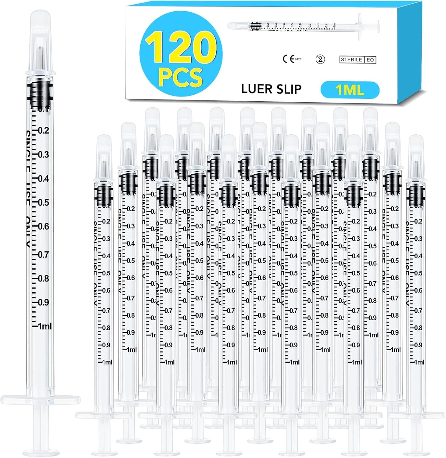 120 jeringas con pipeta de 1 ml y 1 cc con punta Luer Slip, sin aguja, para uso.