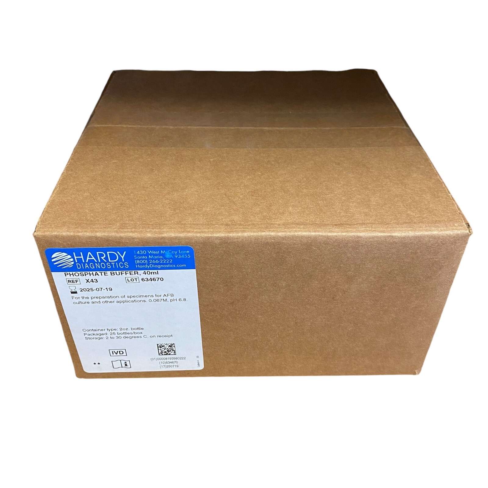 Phosphate Buffer 40ml, Hardy Diagnostics X43, 25 Bottles/Package, 0.067M, pH 6.8