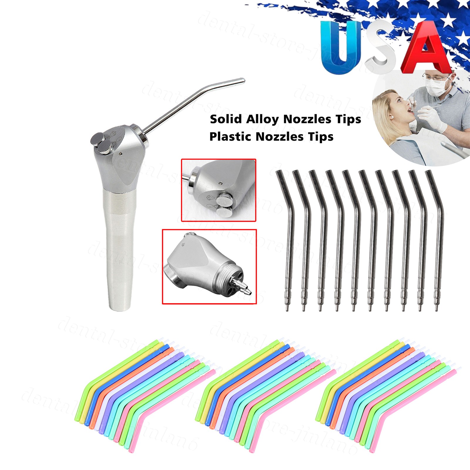 Dental Air Water Spray Triple Syringe Solid Alloy /Plastic Nozzles/Tips/Tubes US