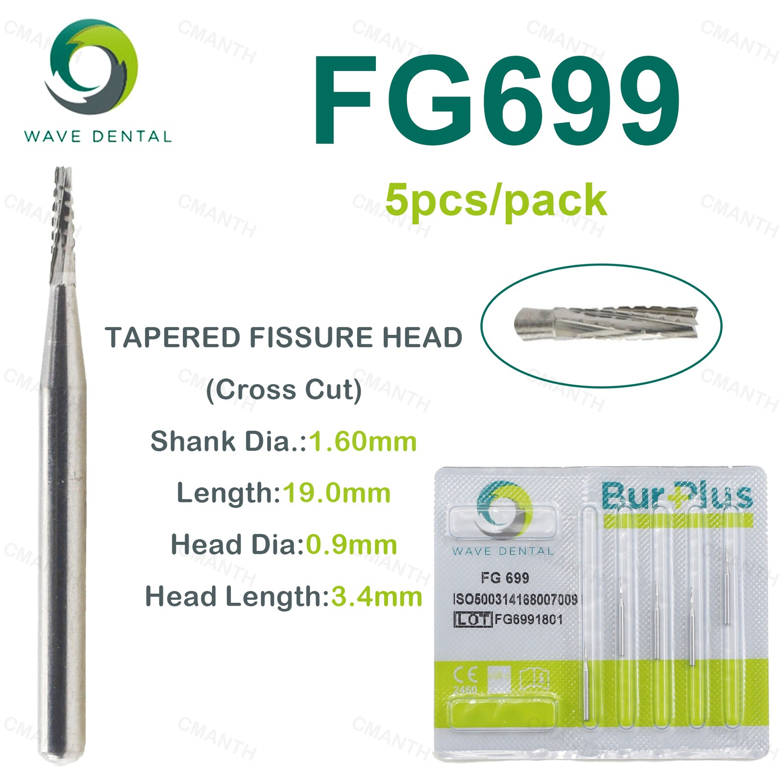WAVE Dental Tapered Fissure Cross Cut Bur Tungsten Carbide FG Dia.1.6mm For High