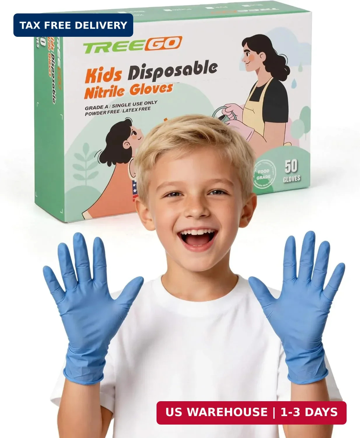 TREEGO Kids Disposable Gloves for Ages 4-8, Blue Kids Nitrile Gloves Food Safe L