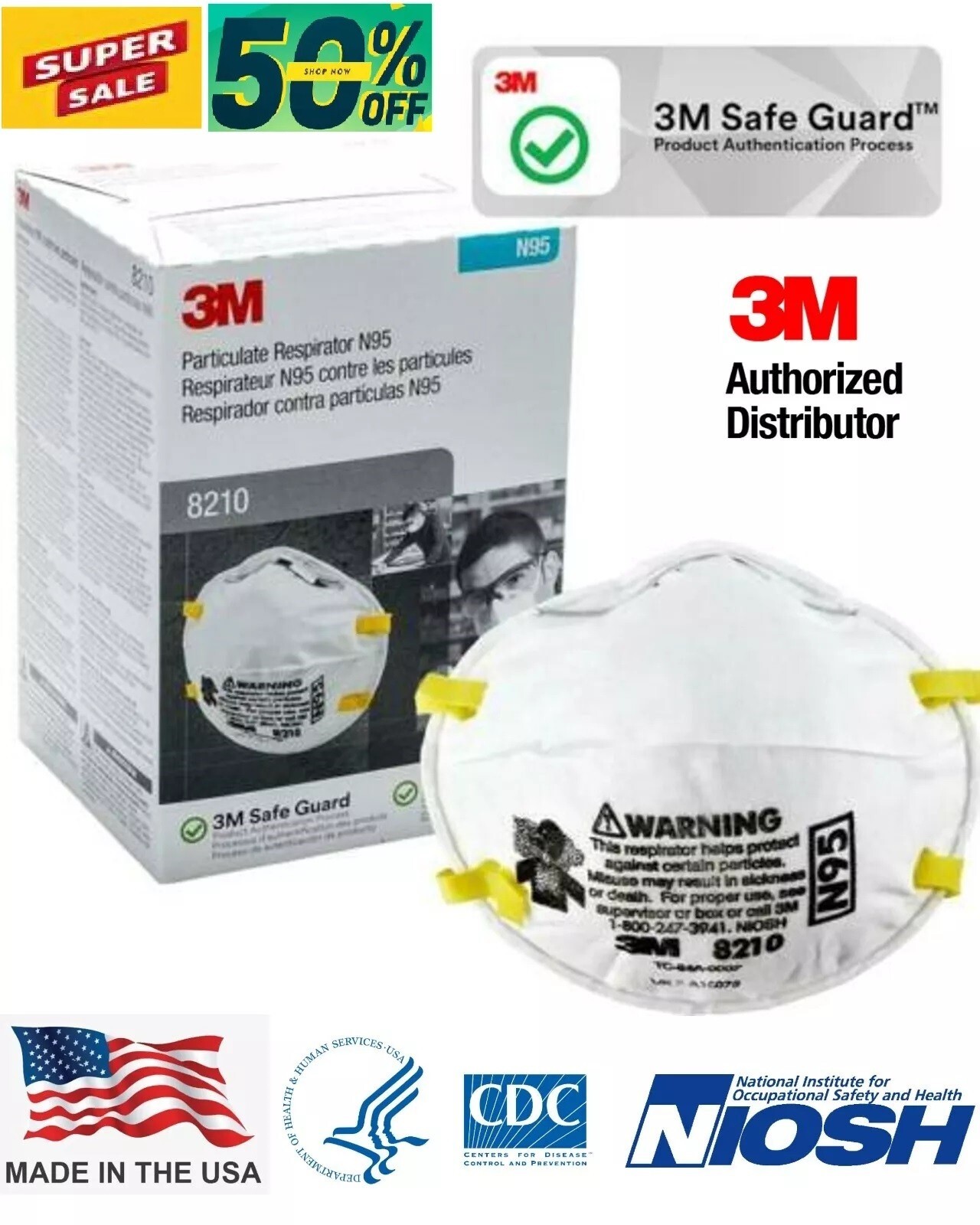 3M 8210 N95 Disposable Particulate Respiratory Protection Mask 20PK +BONUS