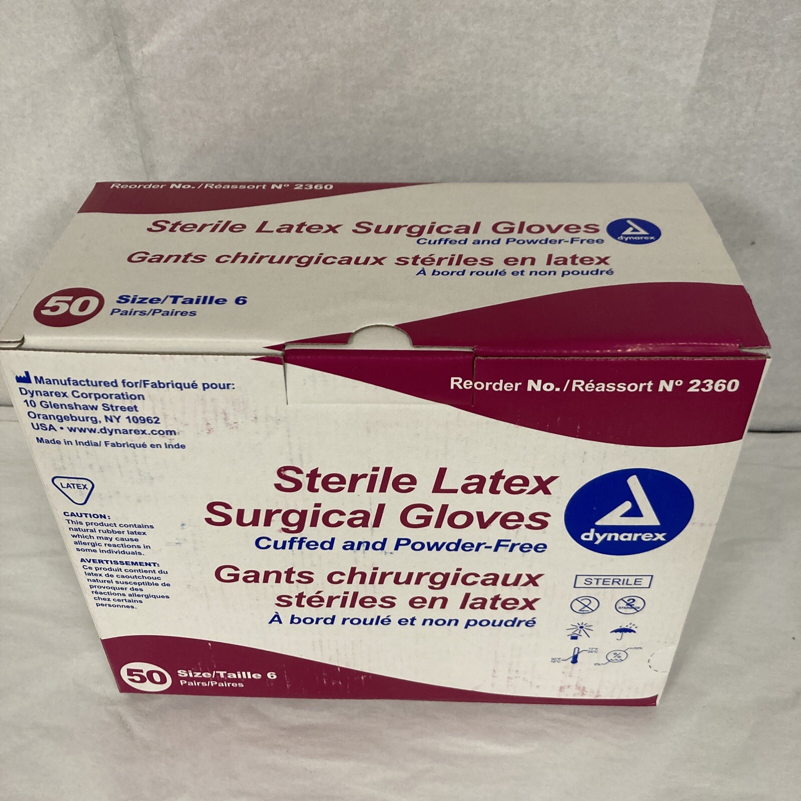 Dynarex #2360 Sterile Latex Surgical Gloves, Size 6 – box of 50 pairs, exp 06/28