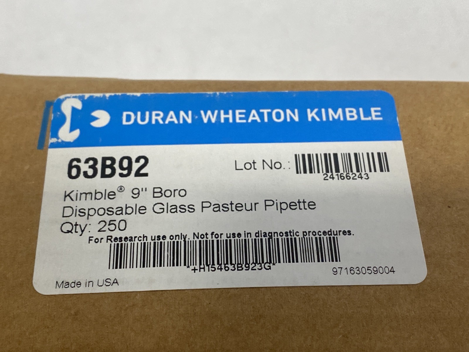 (250/Pk) KIMBLE 9” 2mL Disposable Glass Pasteur Pipettes Non-Plugged 63B92