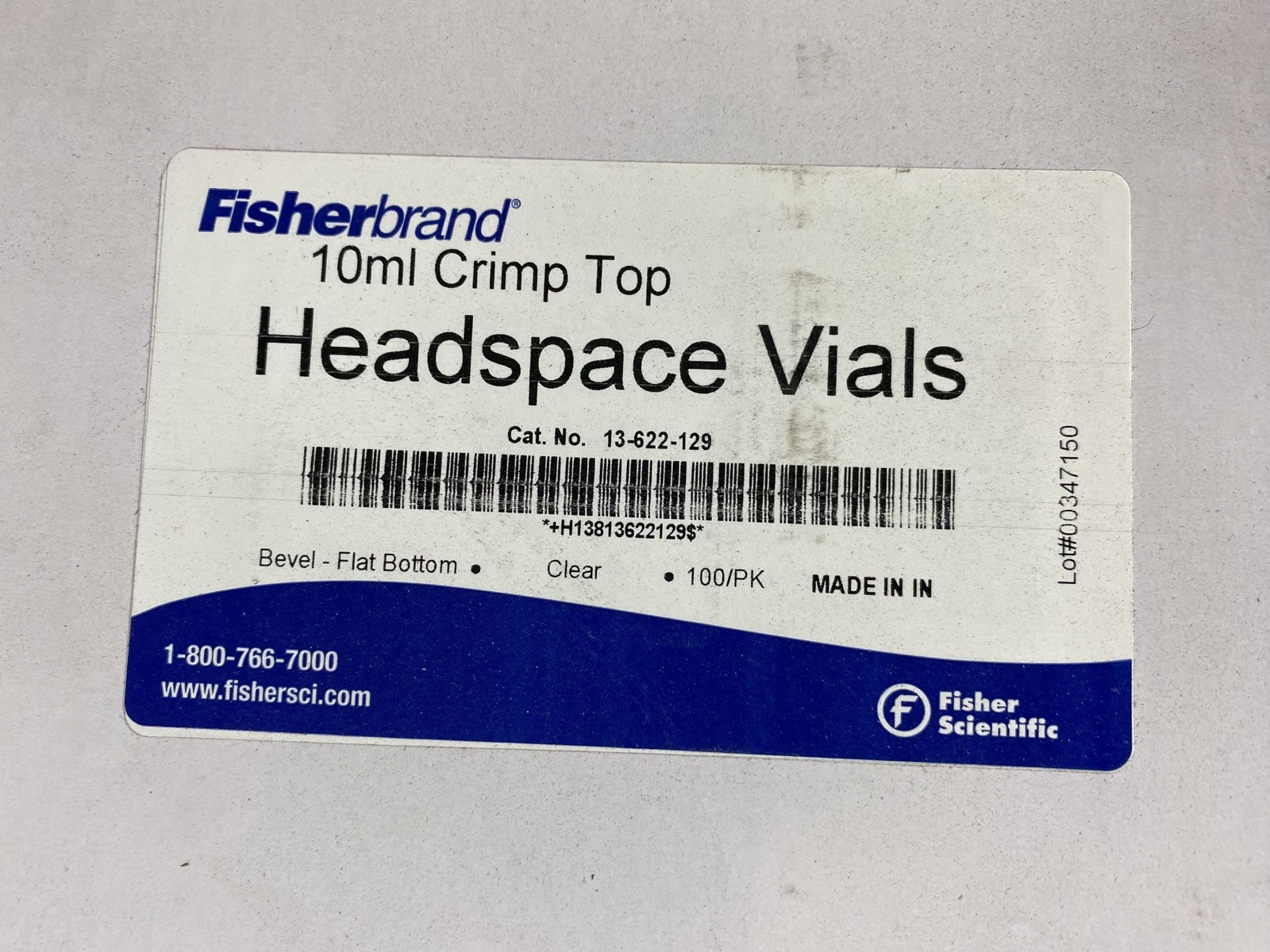 FISHERBRAND 20mm 10mL Clear Flat Crimp Top Headspace Vials 13-622-129 (100/Pack)