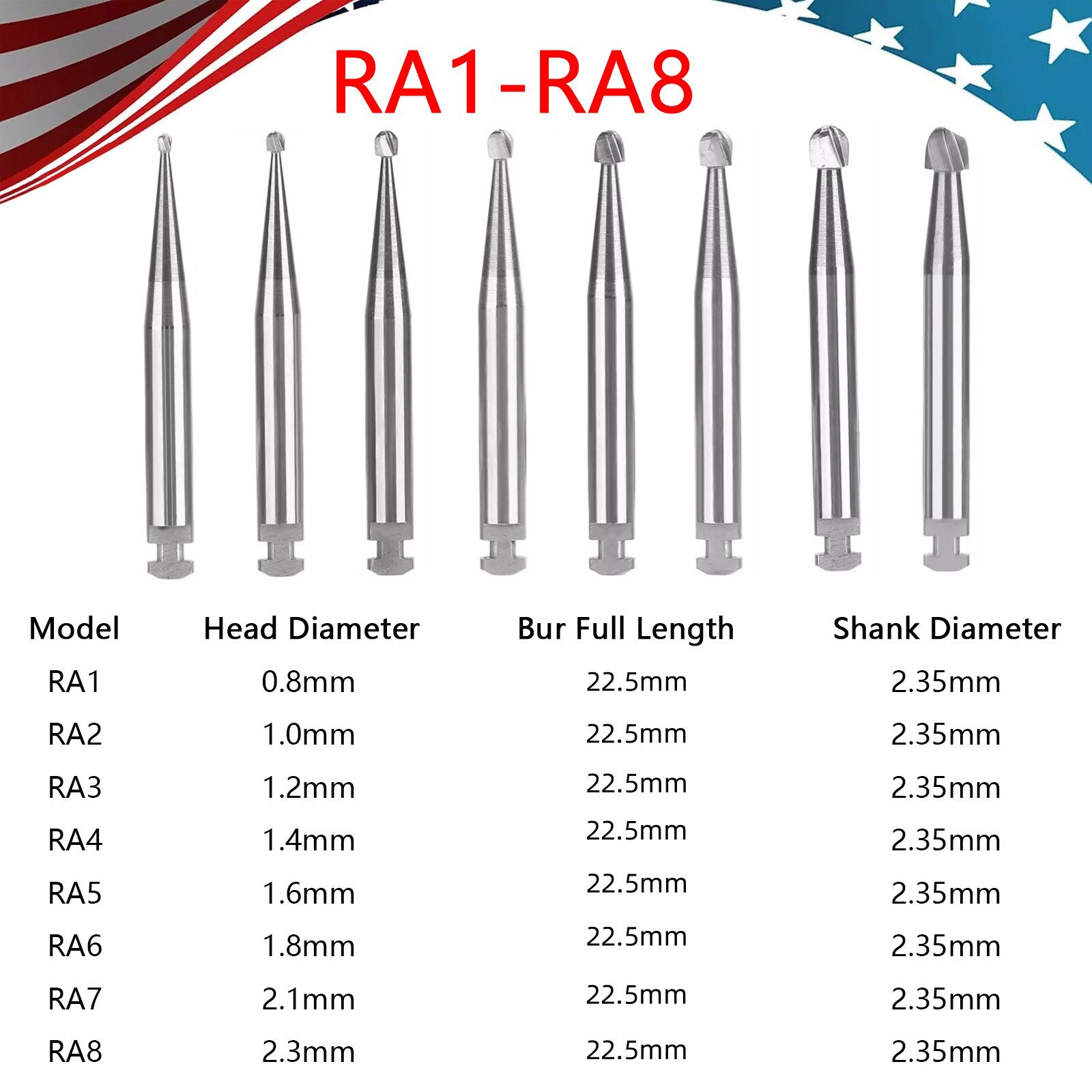 Dental Tungsten Carbide Burs Round Latch RA 1 2 3 4 5 6 7 8 Low Speed