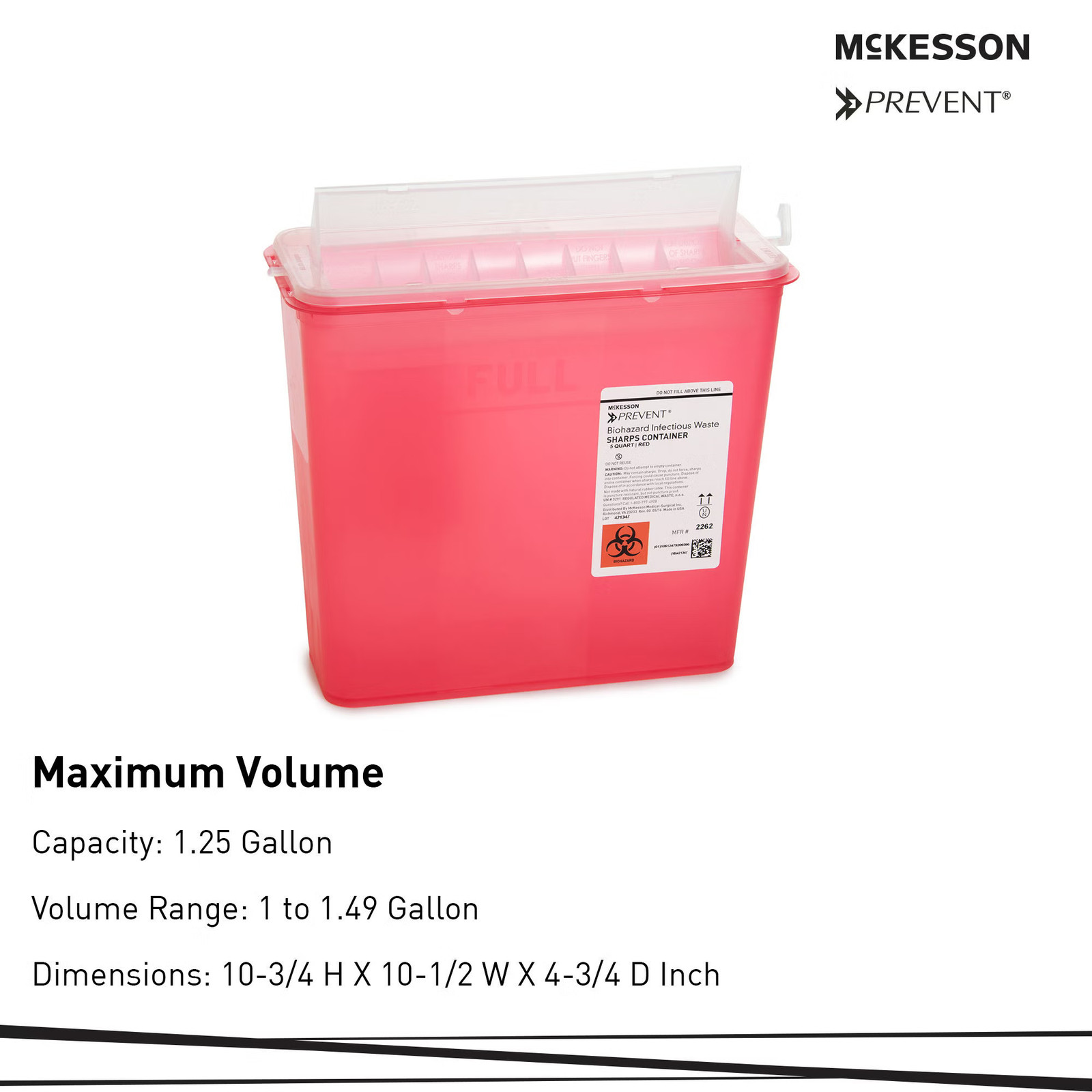 McKesson Prevent Sharps Container 5 Quart 10.75″Hx10.5″Wx4.75″D 2262 Box of 10