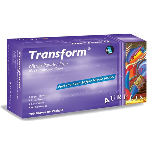 Aurelia Transform Nitrile Gloves: MEDIUM 200/Bx Blue Powder-Free Textured