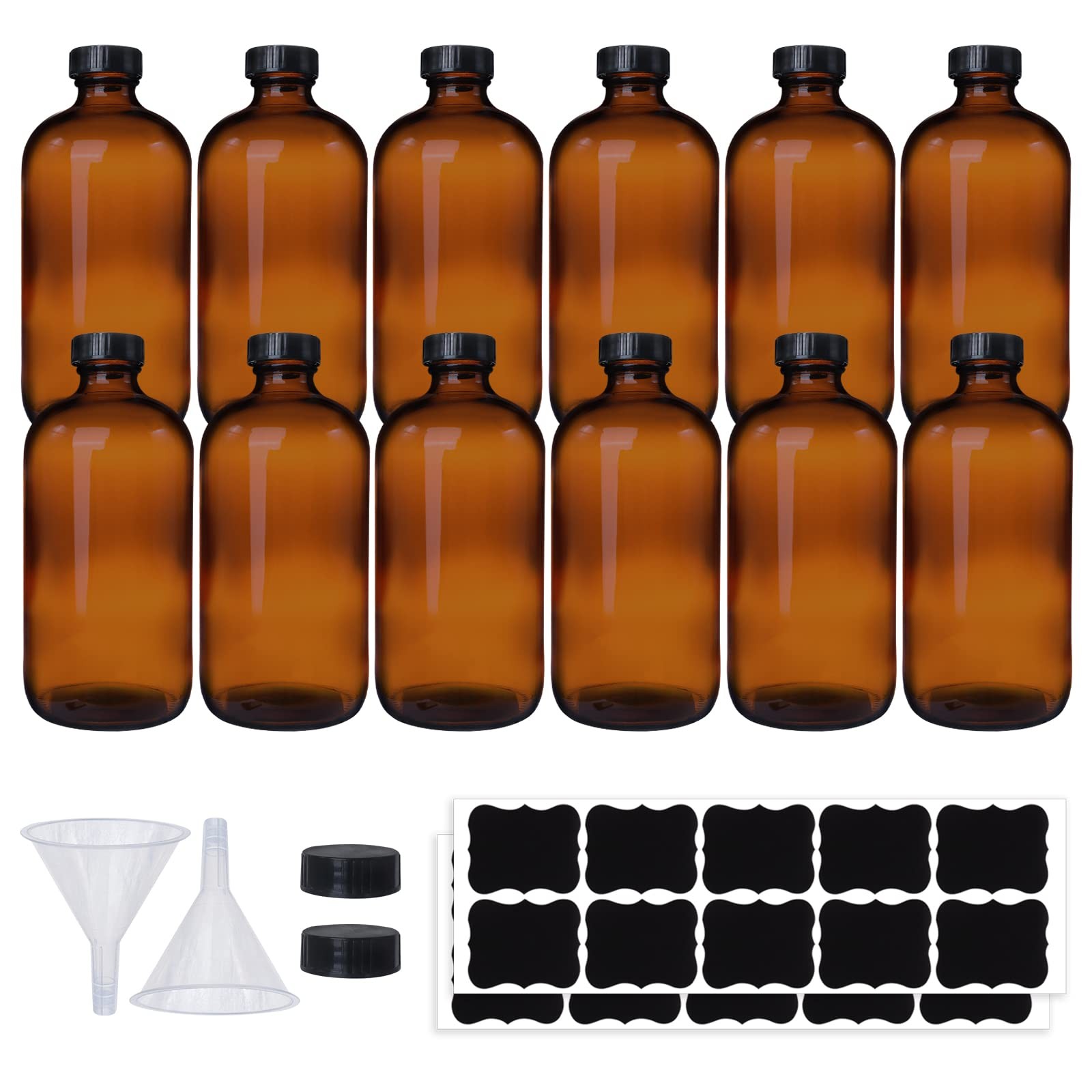 HWASHIN 12 Pack 16 oz Amber Boston Round Glass Bottles with Black Caps