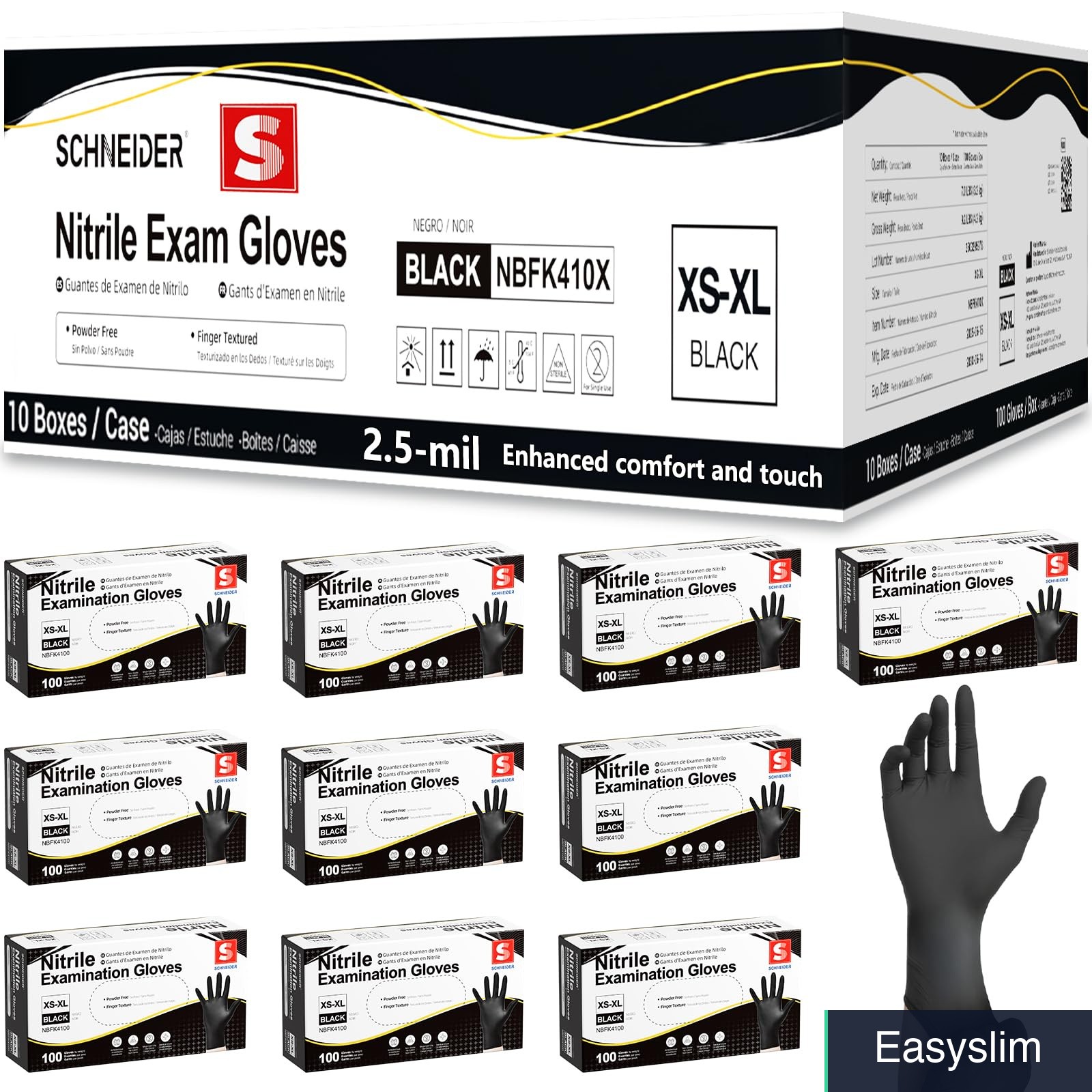 Black Nitrile Exam Gloves 1000-Count Medium Latex-Free Textured Grip