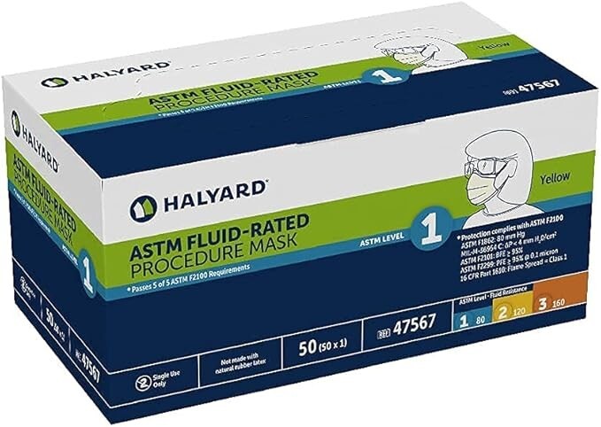 HALYARD 47567 Level 1 Disposable Procedure Mask, Earloops, Yellow, 50 Count Lot