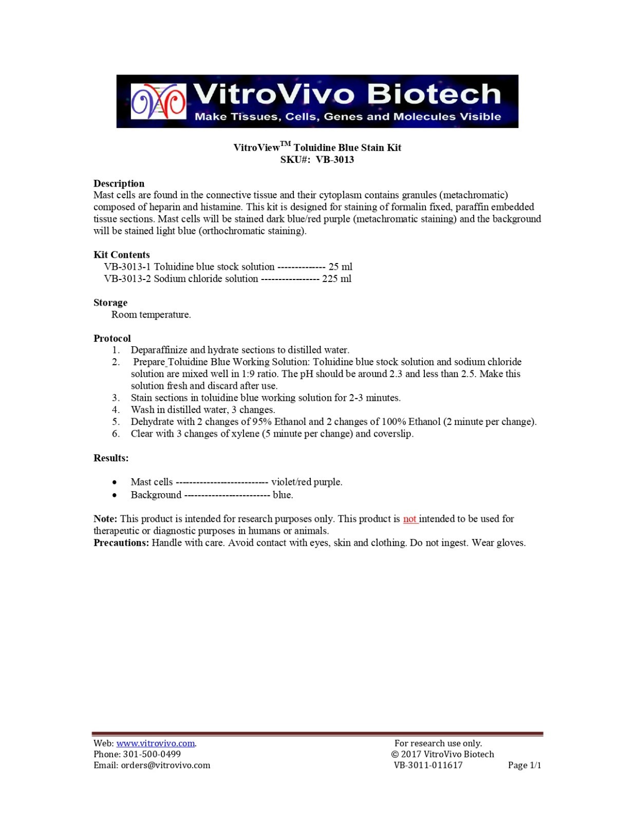 VitroView™ Toluidine Blue Stain Kit (Cat# VB-3013)