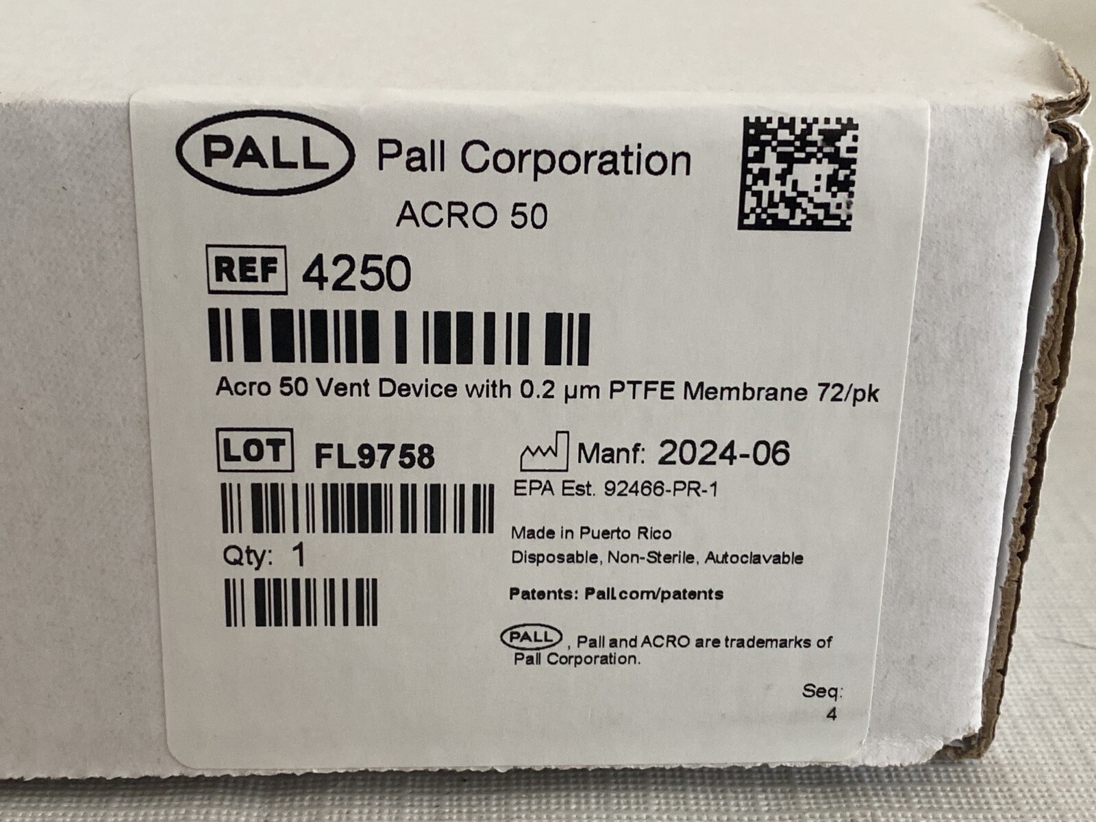 (72/Pk) PALL Acro 50 Vent Filter Device 0.2um PTFE Membrane 50mm HB 4250