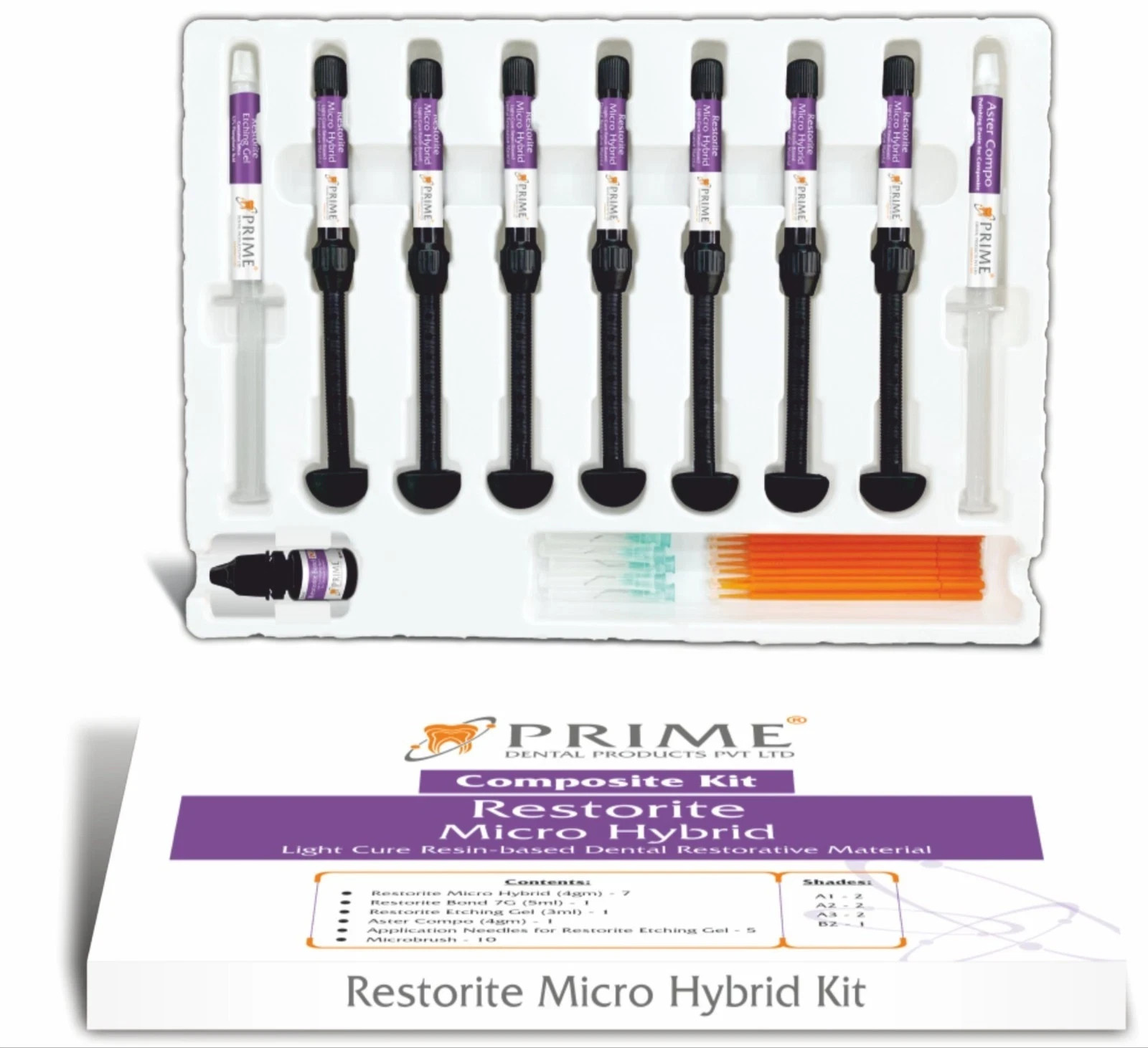 Prime Dental Micro Hybrid Light Cure Resin Composite Kit 7Syrs Bond Etch Compo