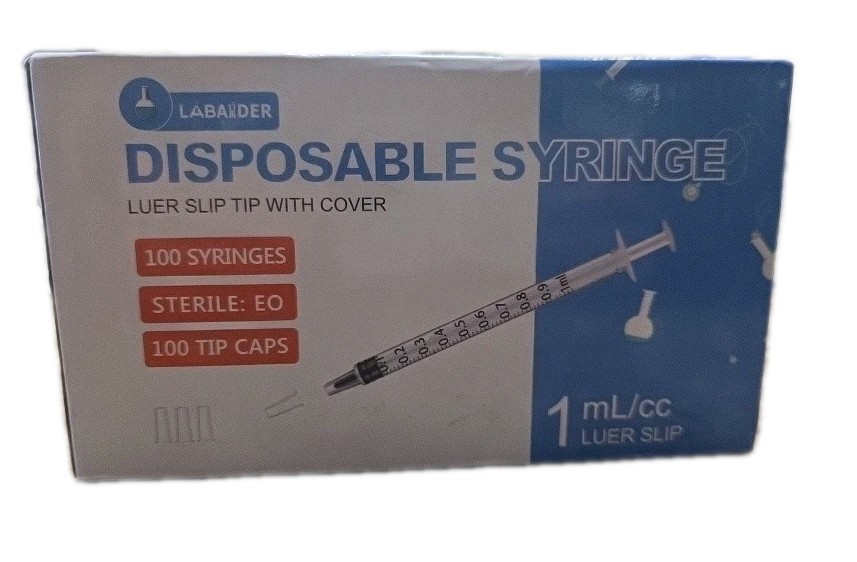 Labaider 100 Count Disposable Syringes 1mL Luer Slip tip With Cover Sterile: EO